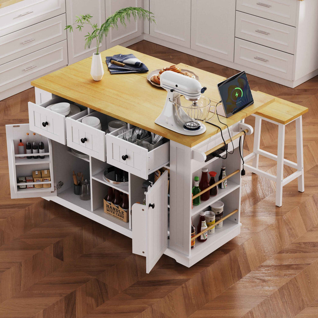 K&K 53 Inch Large Kitchen Island with Bar Stools and Power Outlet - Alphamona