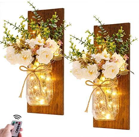 2-pack-rustic-jar-fairy-strip-lights-wall-decor-hydrangea-sconces-decorative-home-chic-hanging-led-flowershanging-design-with-remote-control-led-fairy-lights-and-white-peony-farmhouse - alphamona