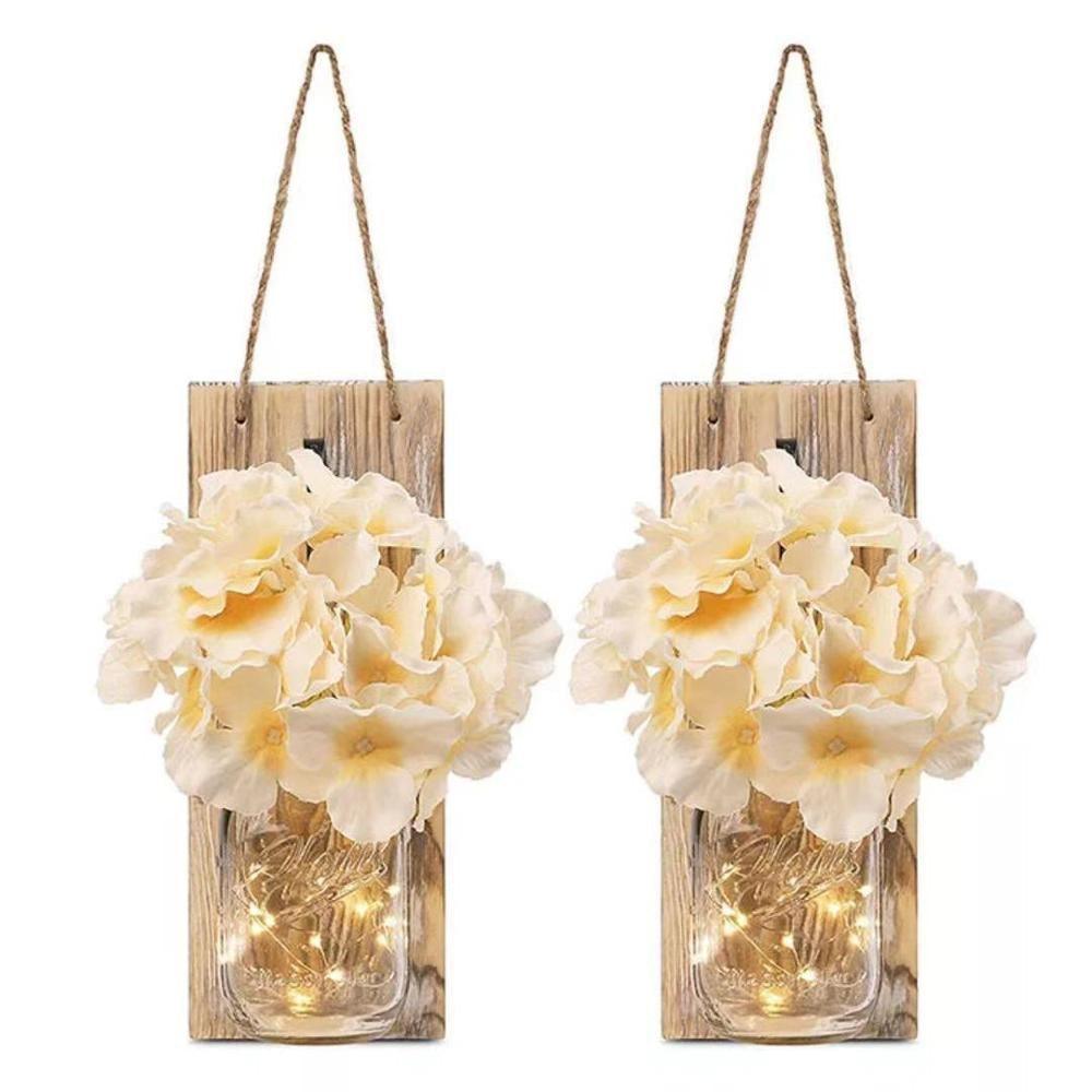 2 Pack Rustic  Jar Fairy Strip Lights Wall Decor Hydrangea Sconces Decorative Home Chic