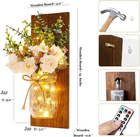 2 Pack Rustic  Jar Fairy Strip Lights Wall Decor Hydrangea Sconces Decorative Home Chic