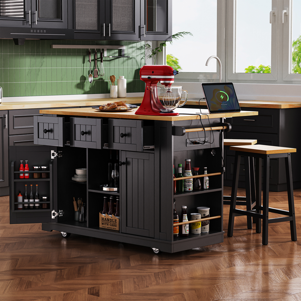 K & K 53 Inch Large Kitchen Island with Bar Stools and Power Outlet - Alphamona