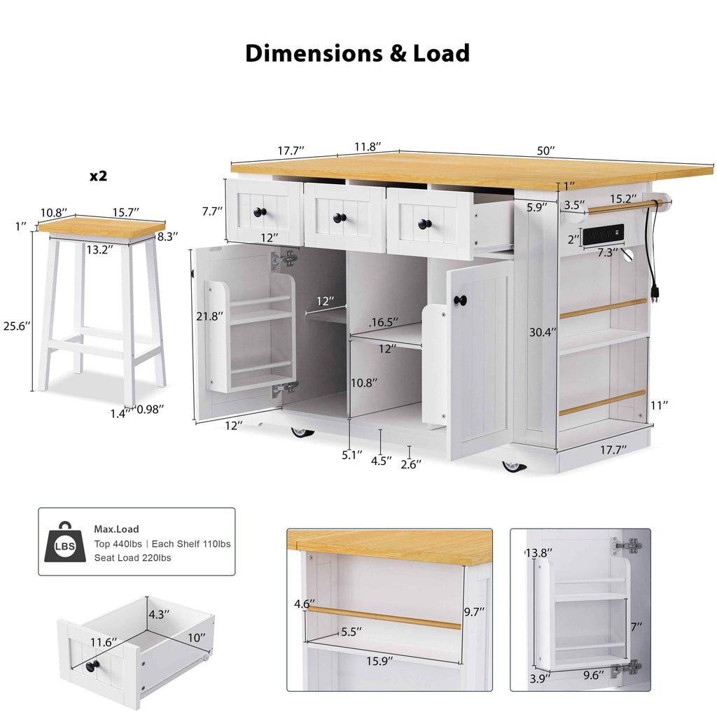 K&K 53 Inch Large Kitchen Island with Bar Stools and Power Outlet - Alphamona