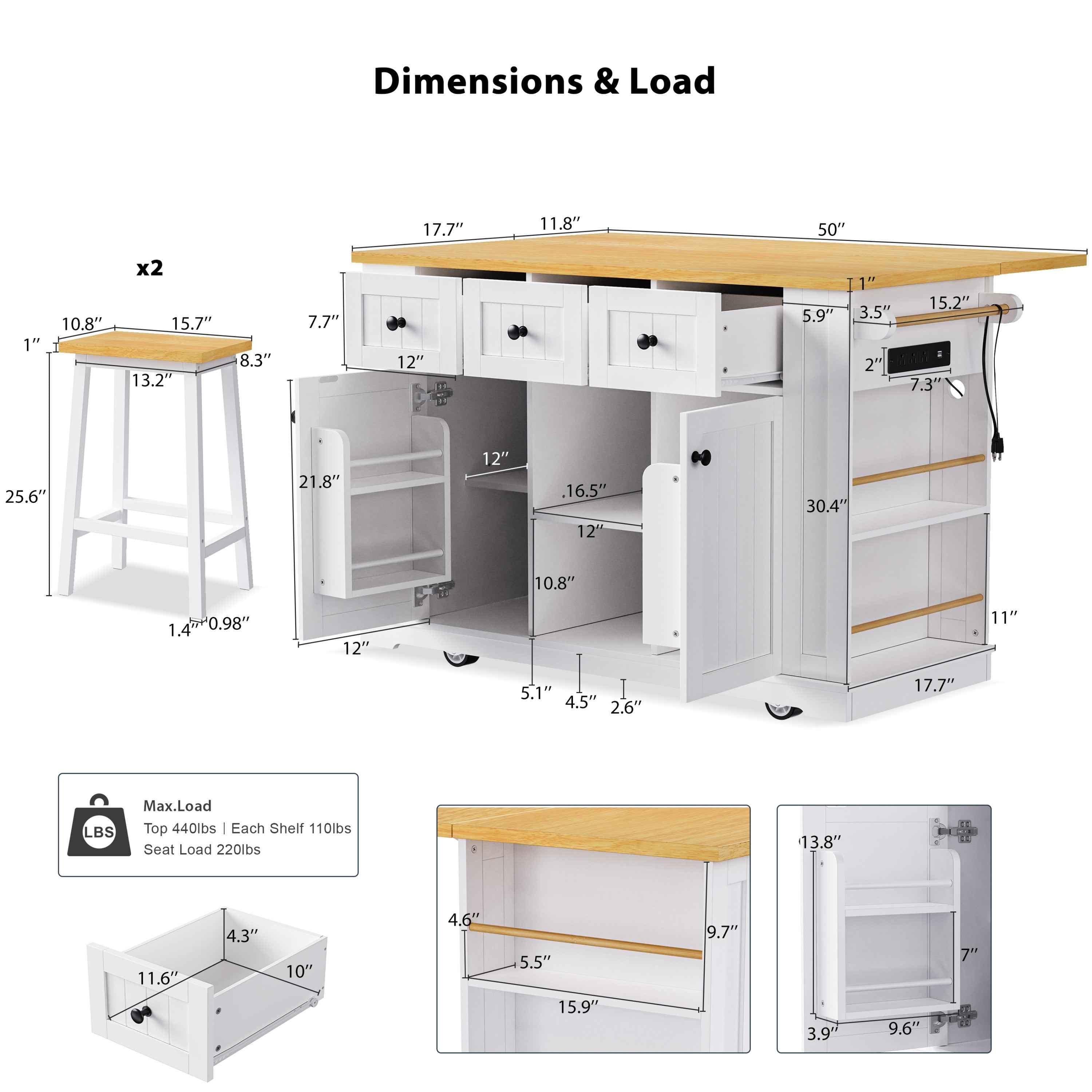 K&K 53 Inch Large Kitchen Island with Bar Stools and Power Outlet - Alphamona