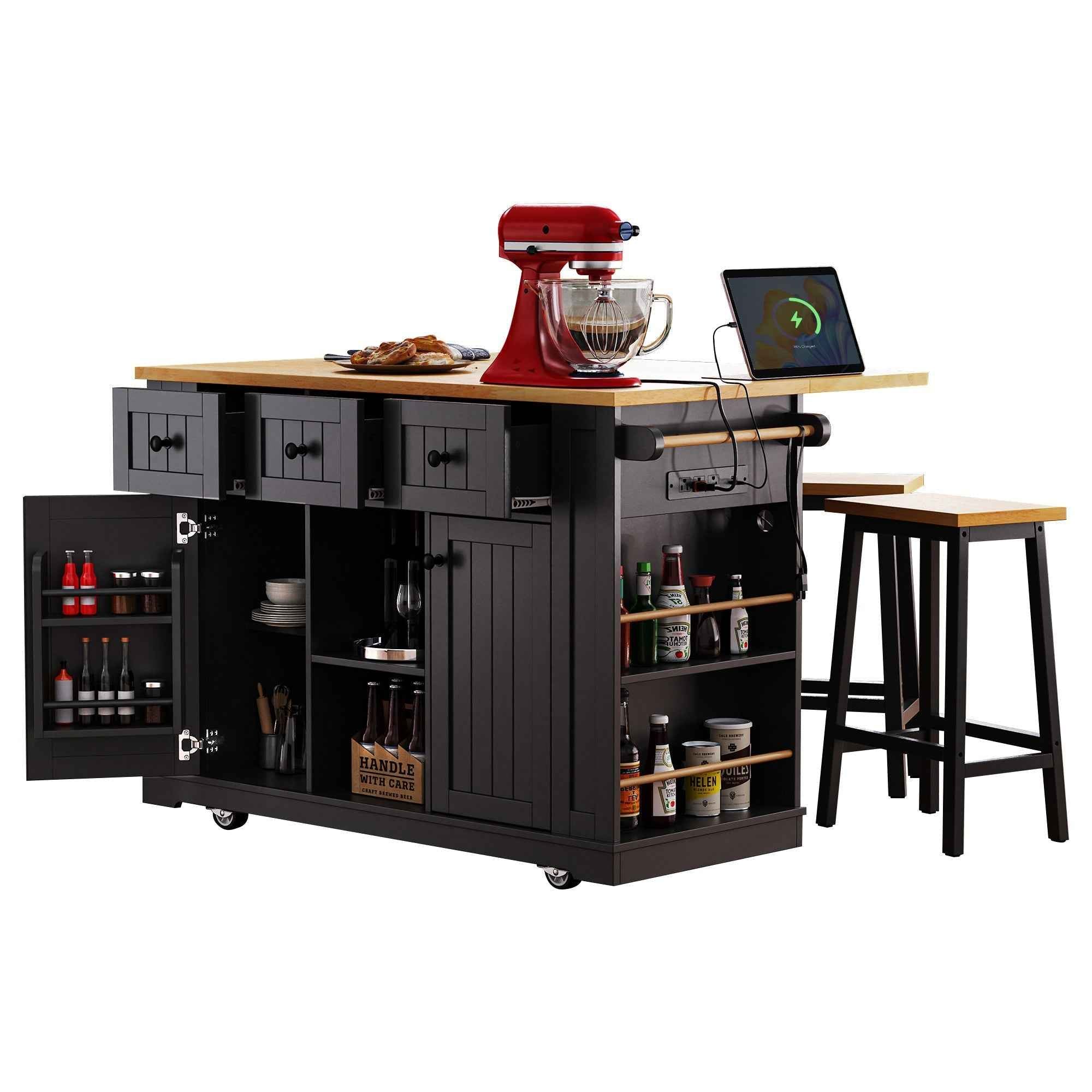 K & K 53 Inch Large Kitchen Island with Bar Stools and Power Outlet - Alphamona
