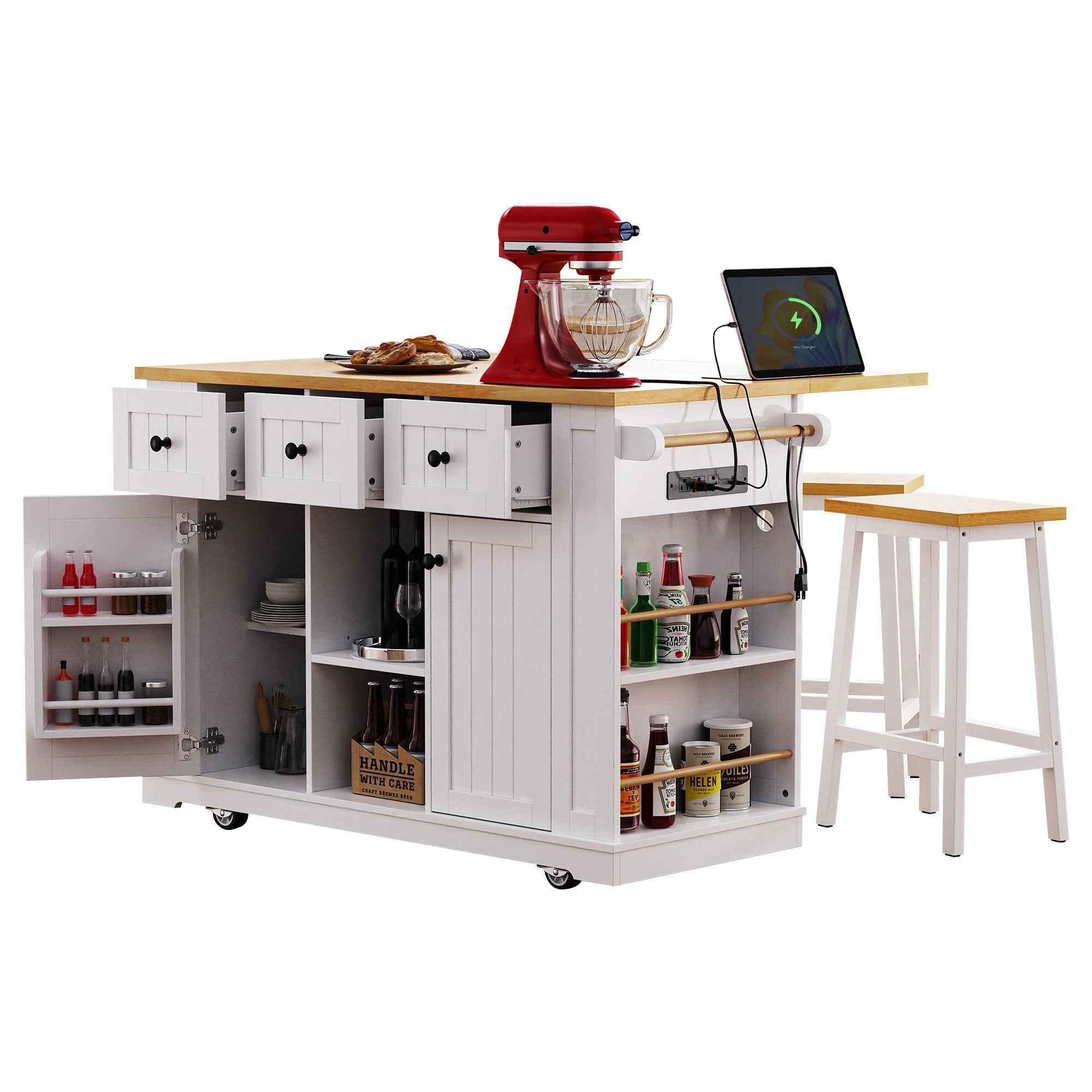 K&K 53 Inch Large Kitchen Island with Bar Stools and Power Outlet - Alphamona