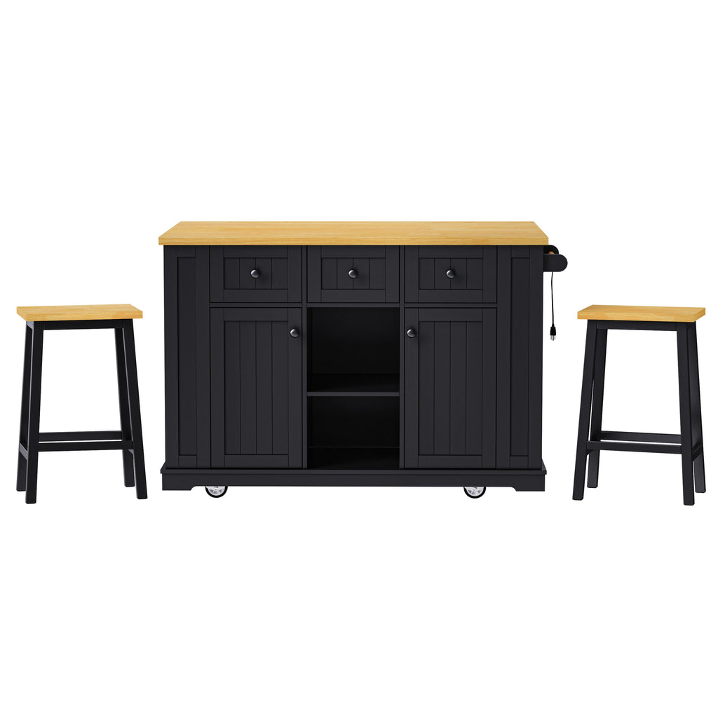K & K 53 Inch Large Kitchen Island with Bar Stools and Power Outlet - Alphamona