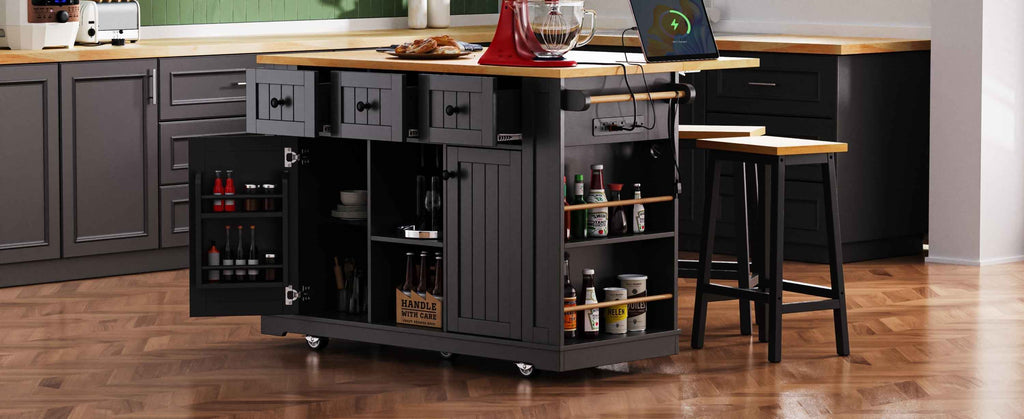 K & K 53 Inch Large Kitchen Island with Bar Stools and Power Outlet - Alphamona