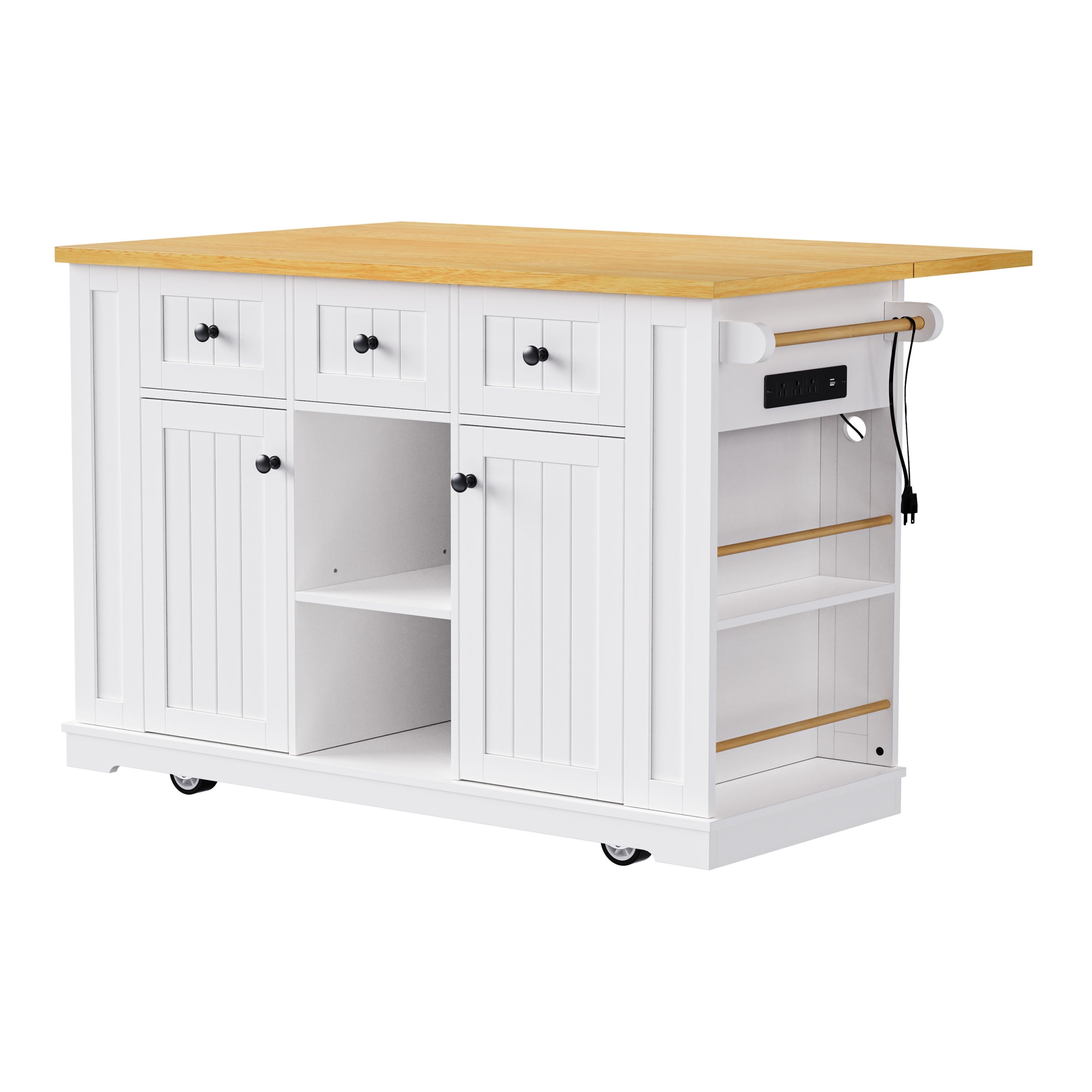 K&K 53 Inch Large Kitchen Island with Bar Stools and Power Outlet - Alphamona