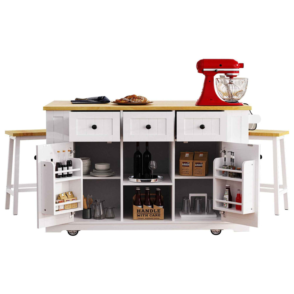 K&K 53 Inch Large Kitchen Island with Bar Stools and Power Outlet - Alphamona