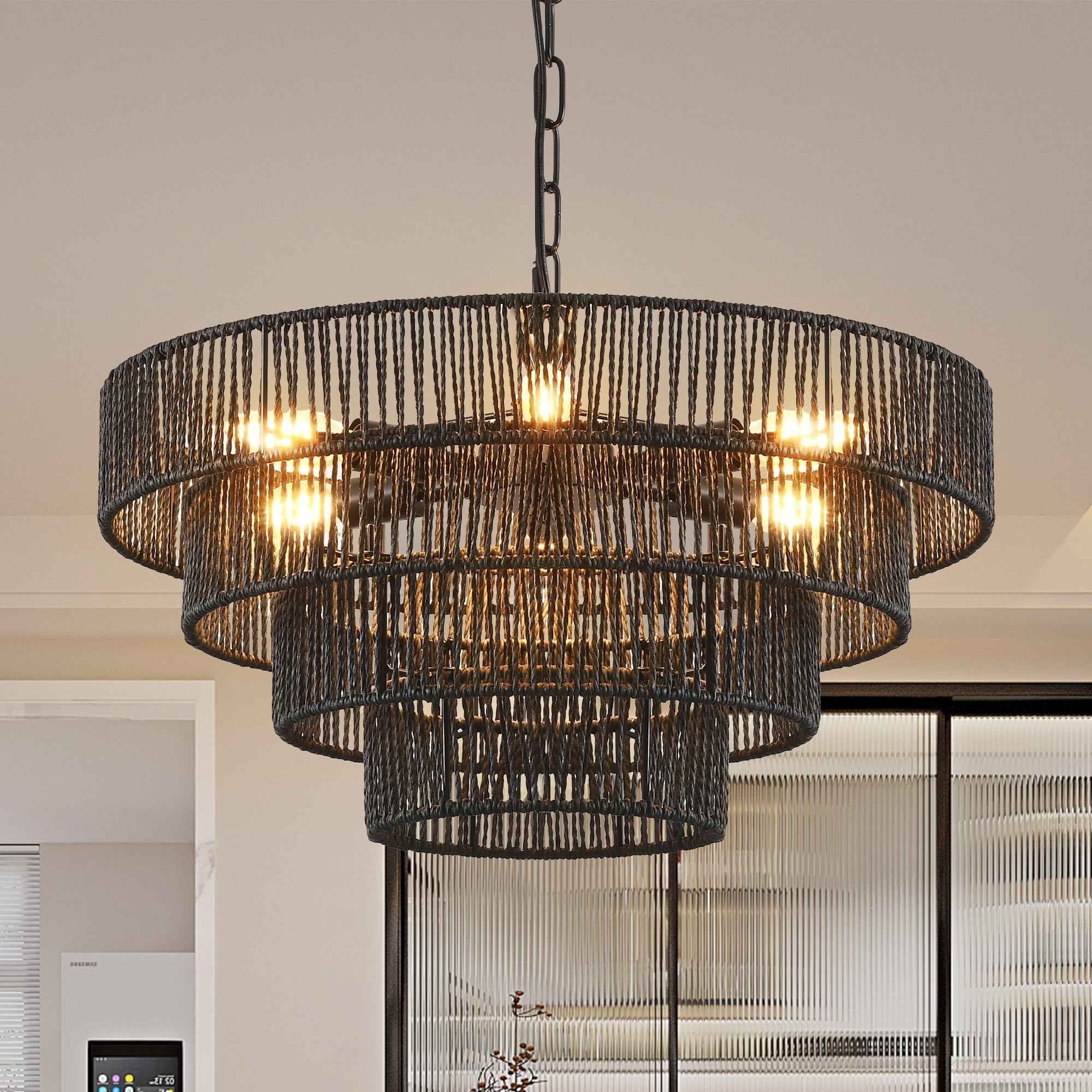 Rustic 4-Tier Black Hemp Rope Chandelier with 6 E12 Sockets, UL Listed