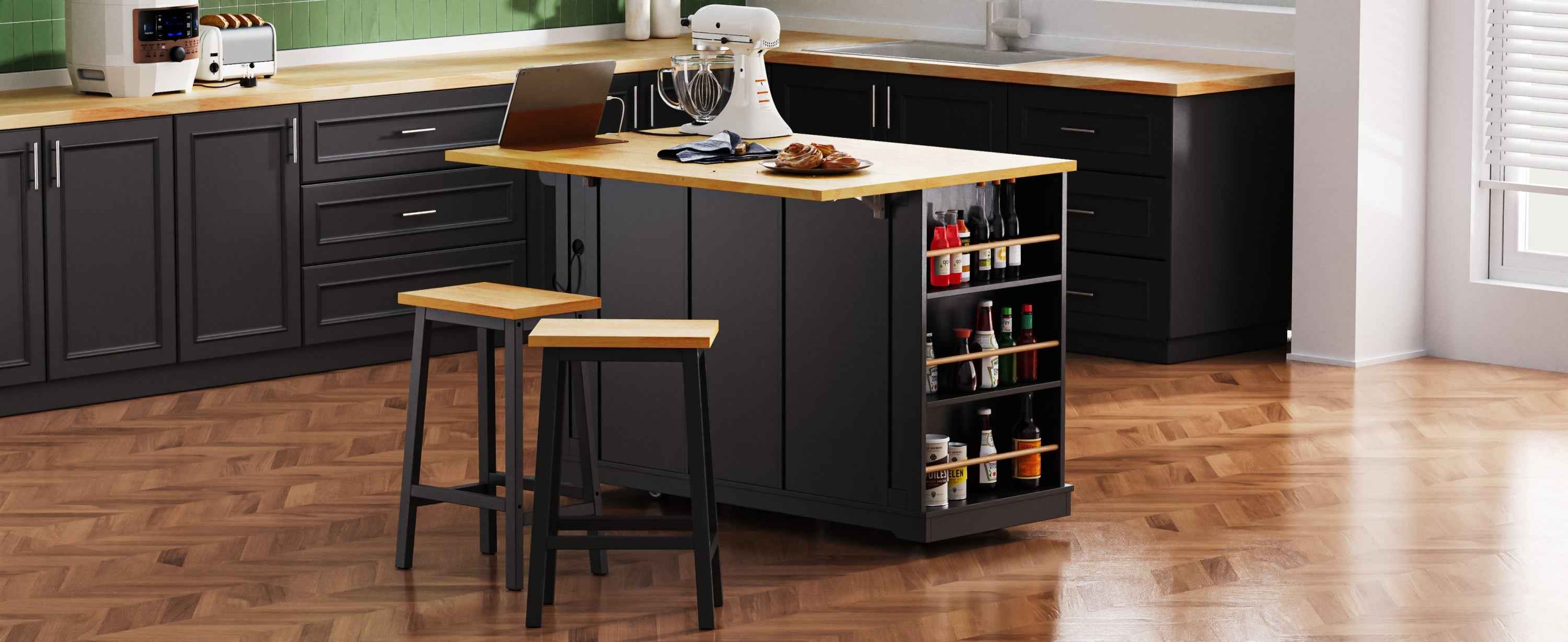 K & K 53 Inch Large Kitchen Island with Bar Stools and Power Outlet - Alphamona