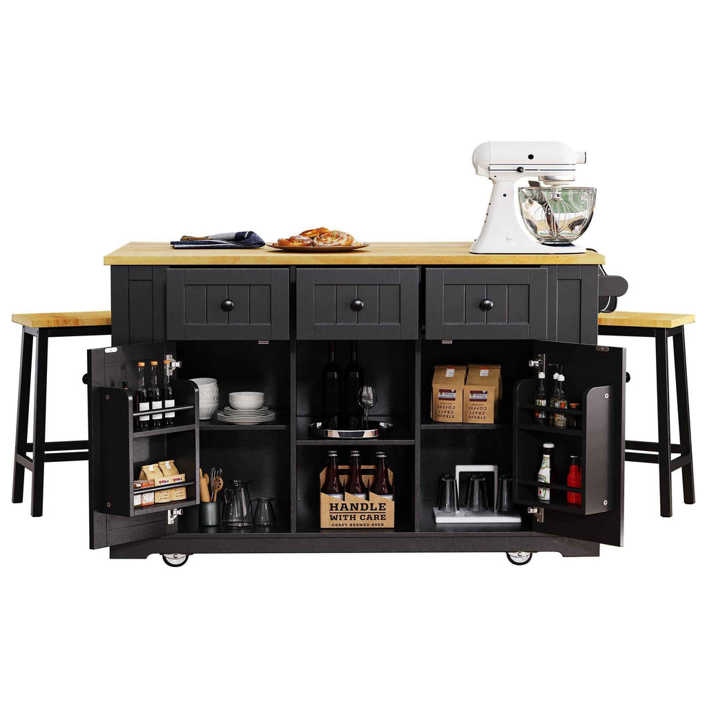 K & K 53 Inch Large Kitchen Island with Bar Stools and Power Outlet - Alphamona