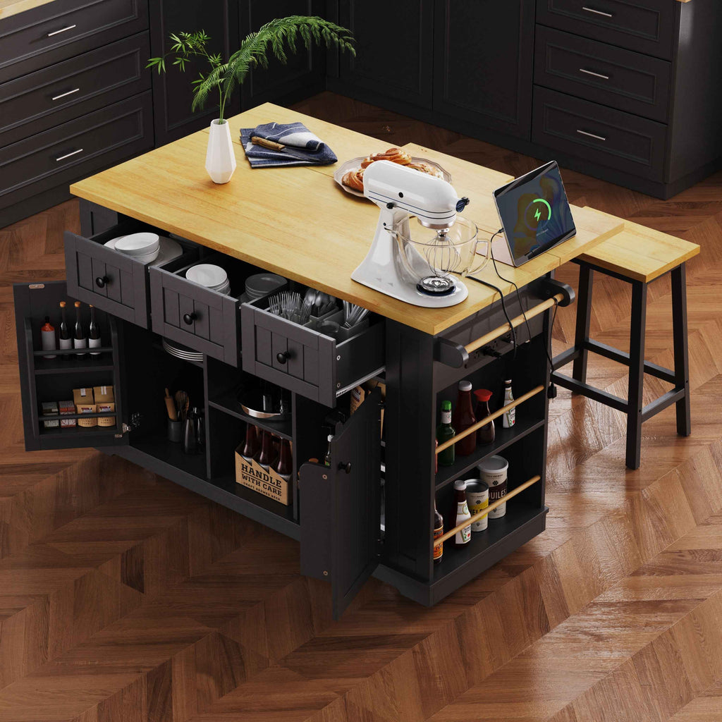 K & K 53 Inch Large Kitchen Island with Bar Stools and Power Outlet - Alphamona