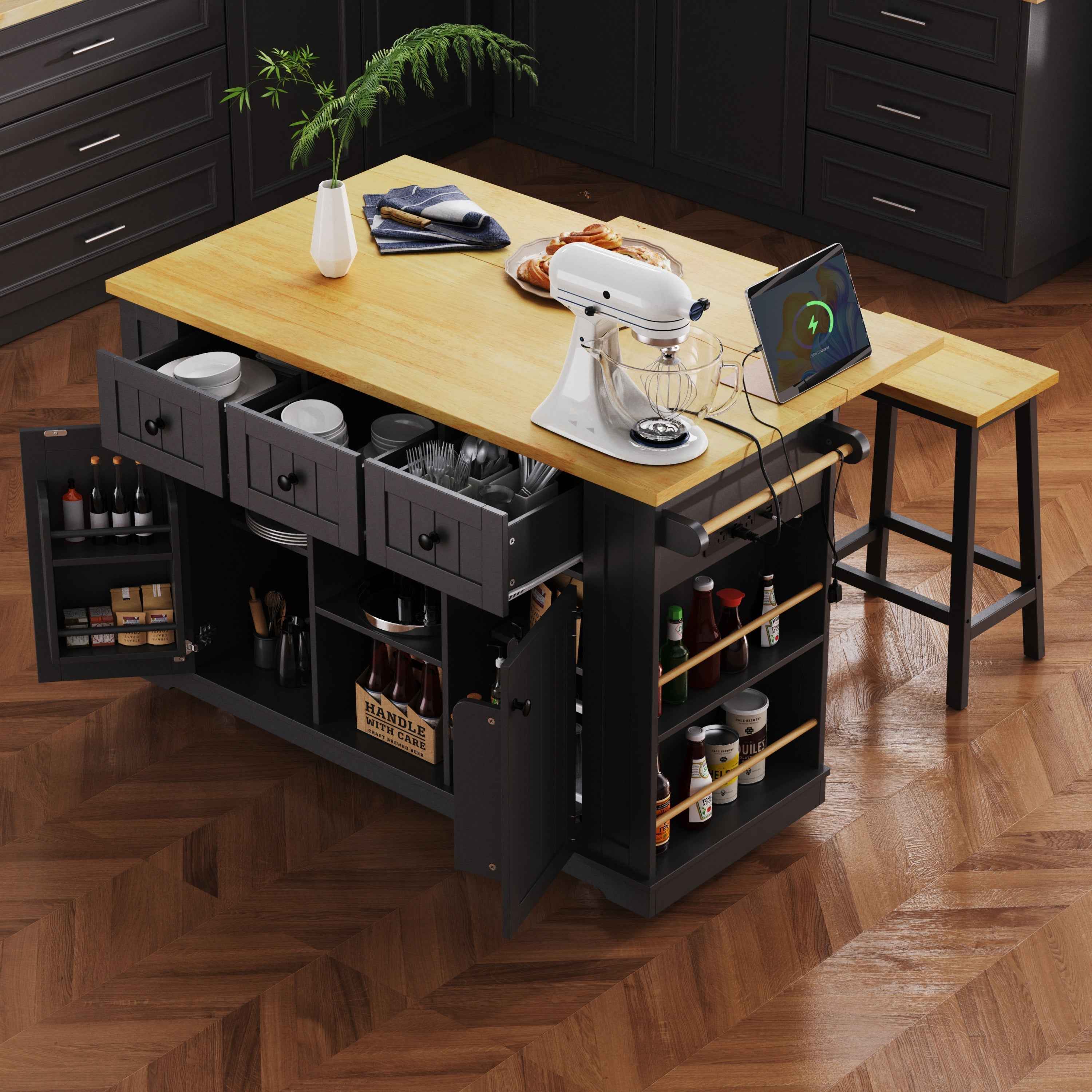 K & K 53 Inch Large Kitchen Island with Bar Stools and Power Outlet - Alphamona