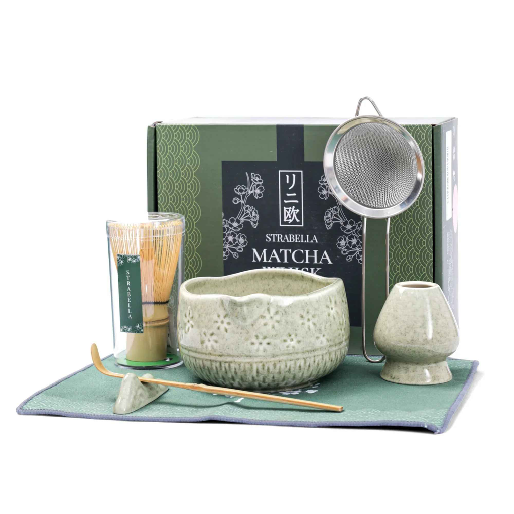 Strabella Matcha Whisk Set - Premium Bamboo Whisk & Ceramic Bowl Holiday Gift Set for Tea Lovers - Alphamona