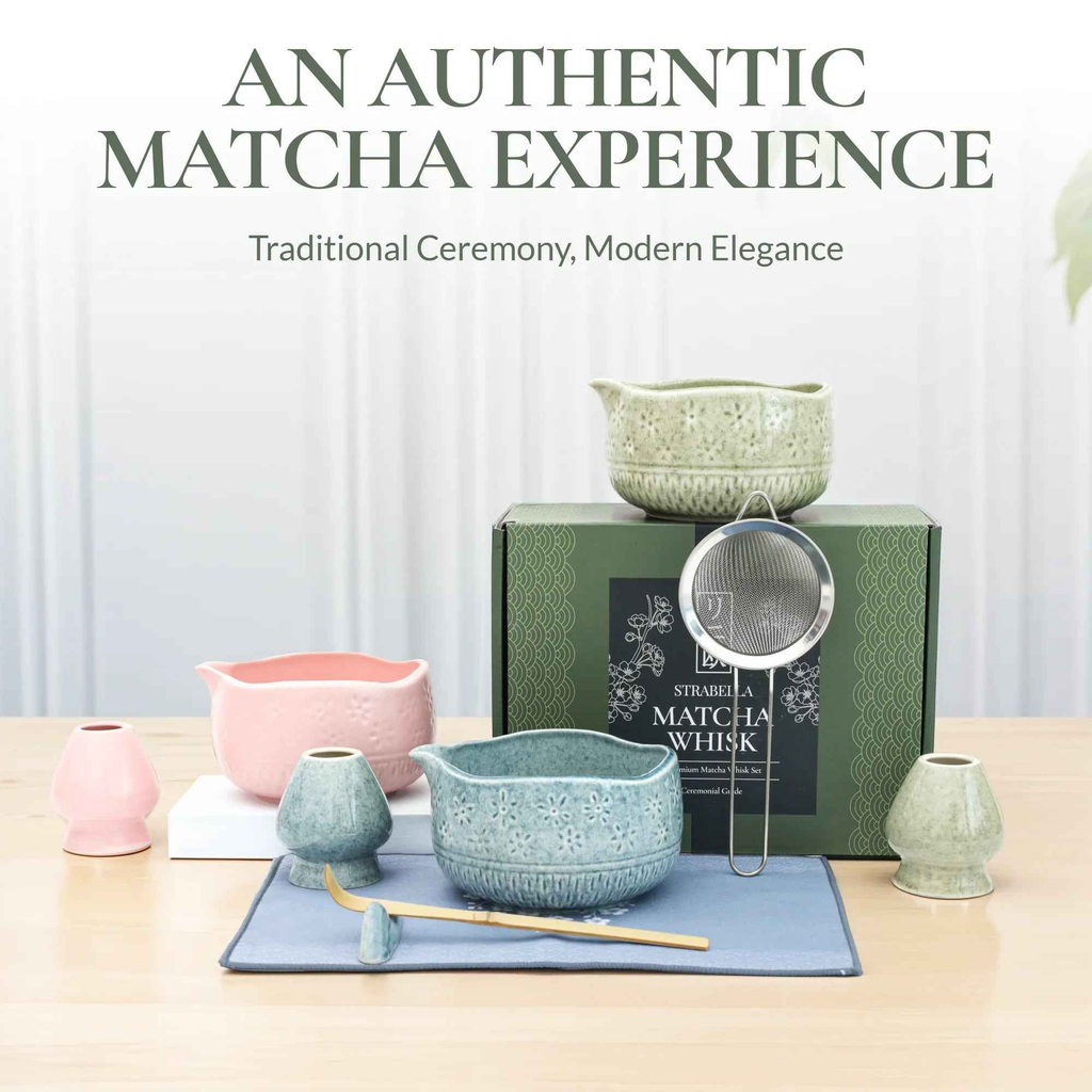 Strabella Matcha Whisk Set - Premium Bamboo Whisk & Ceramic Bowl Holiday Gift Set for Tea Lovers - Alphamona