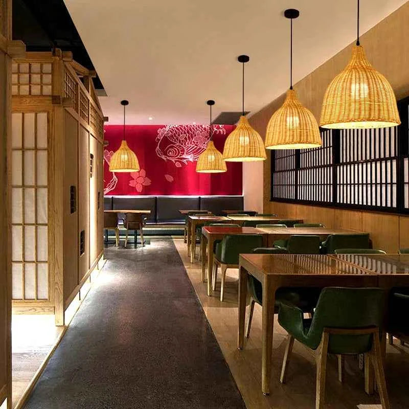 Bamboo Hanging Lamp - Hand Knitted Wood Rattan Creative Light Fixture - Alphamona