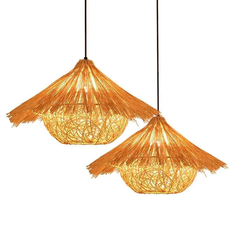 Bamboo Hanging Lamp - Hand Knitted Wood Rattan Creative Light Fixture - Alphamona