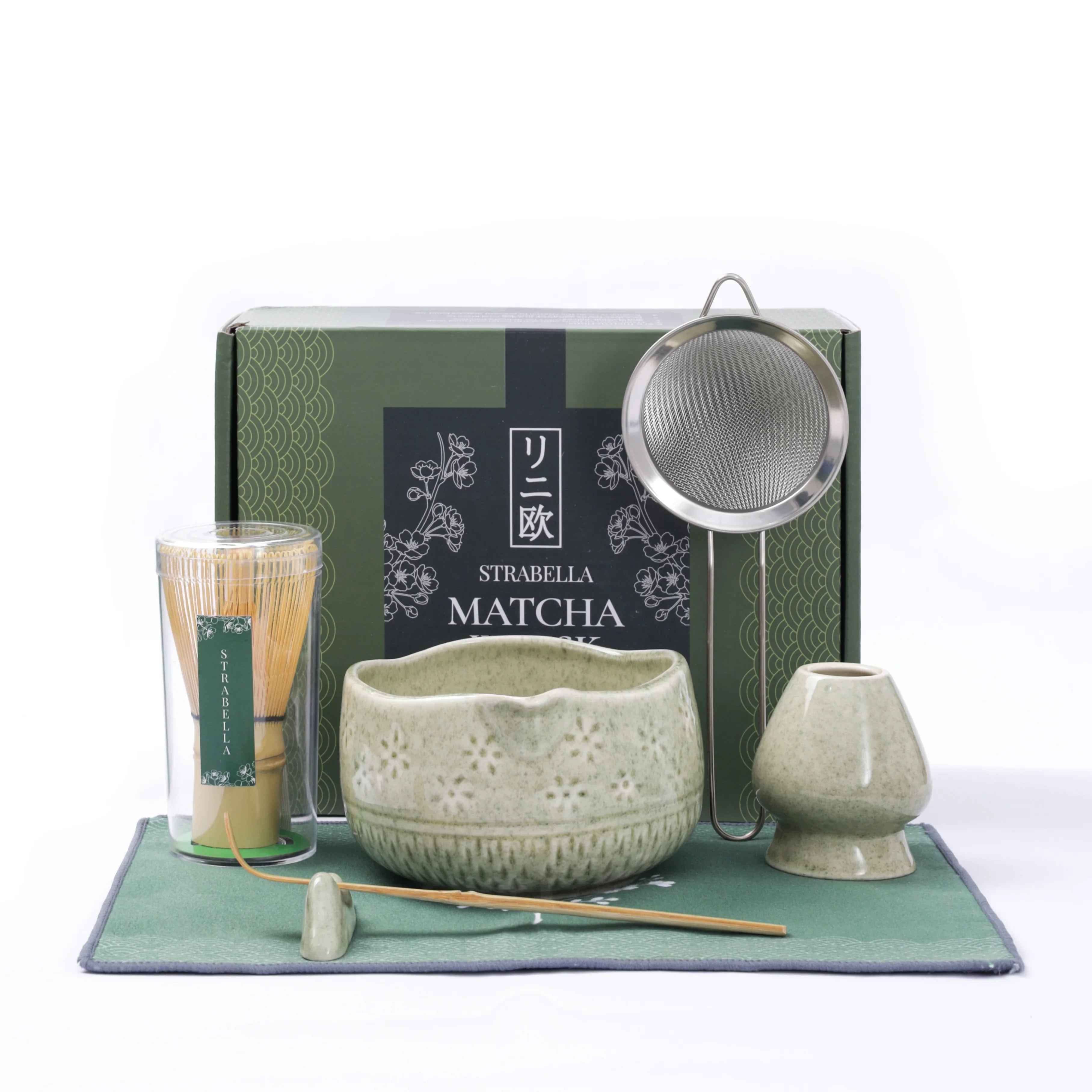 Strabella Matcha Whisk Set - Premium Bamboo Whisk & Ceramic Bowl Holiday Gift Set for Tea Lovers - Alphamona