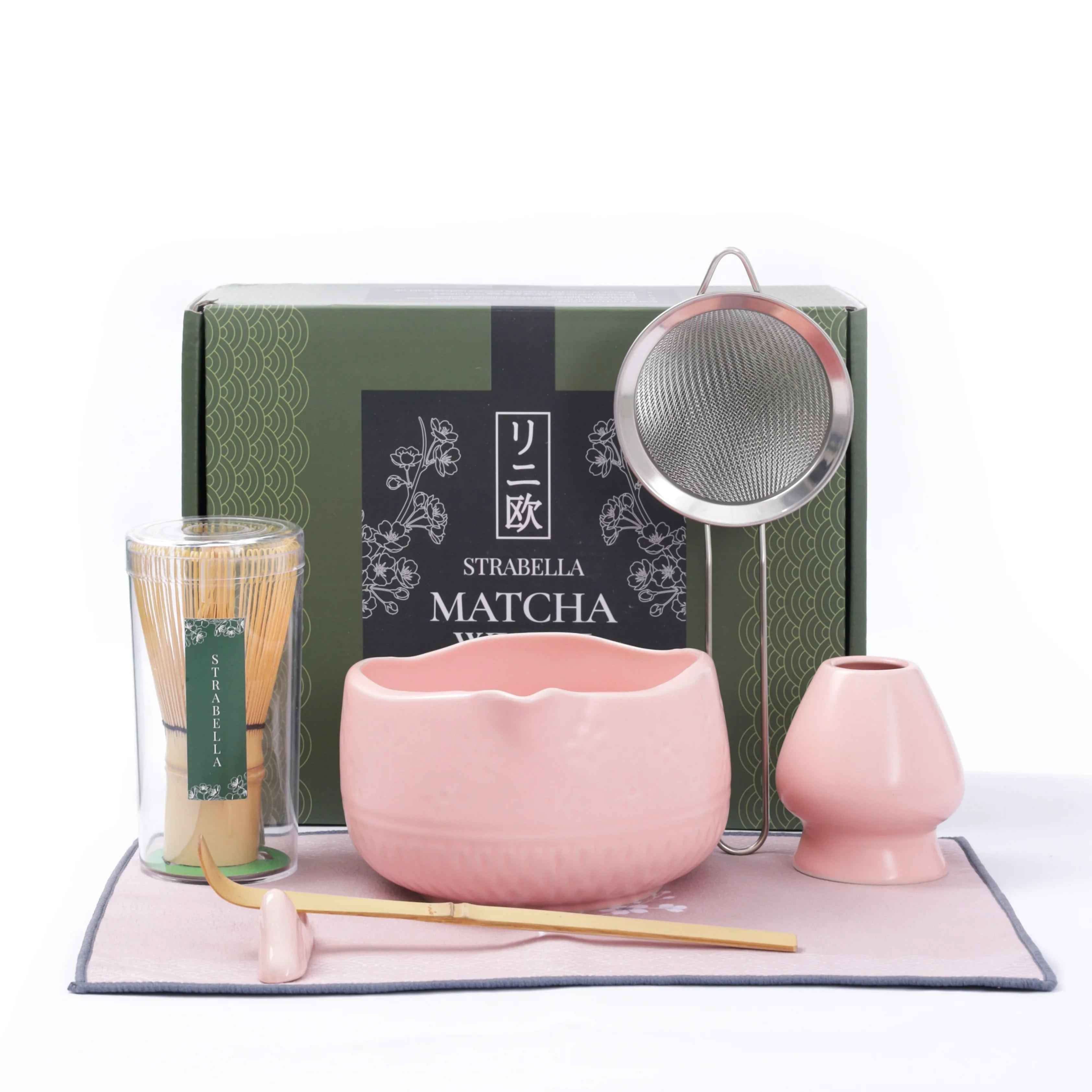 Strabella Matcha Whisk Set - Premium Bamboo Whisk & Ceramic Bowl Holiday Gift Set for Tea Lovers - Alphamona
