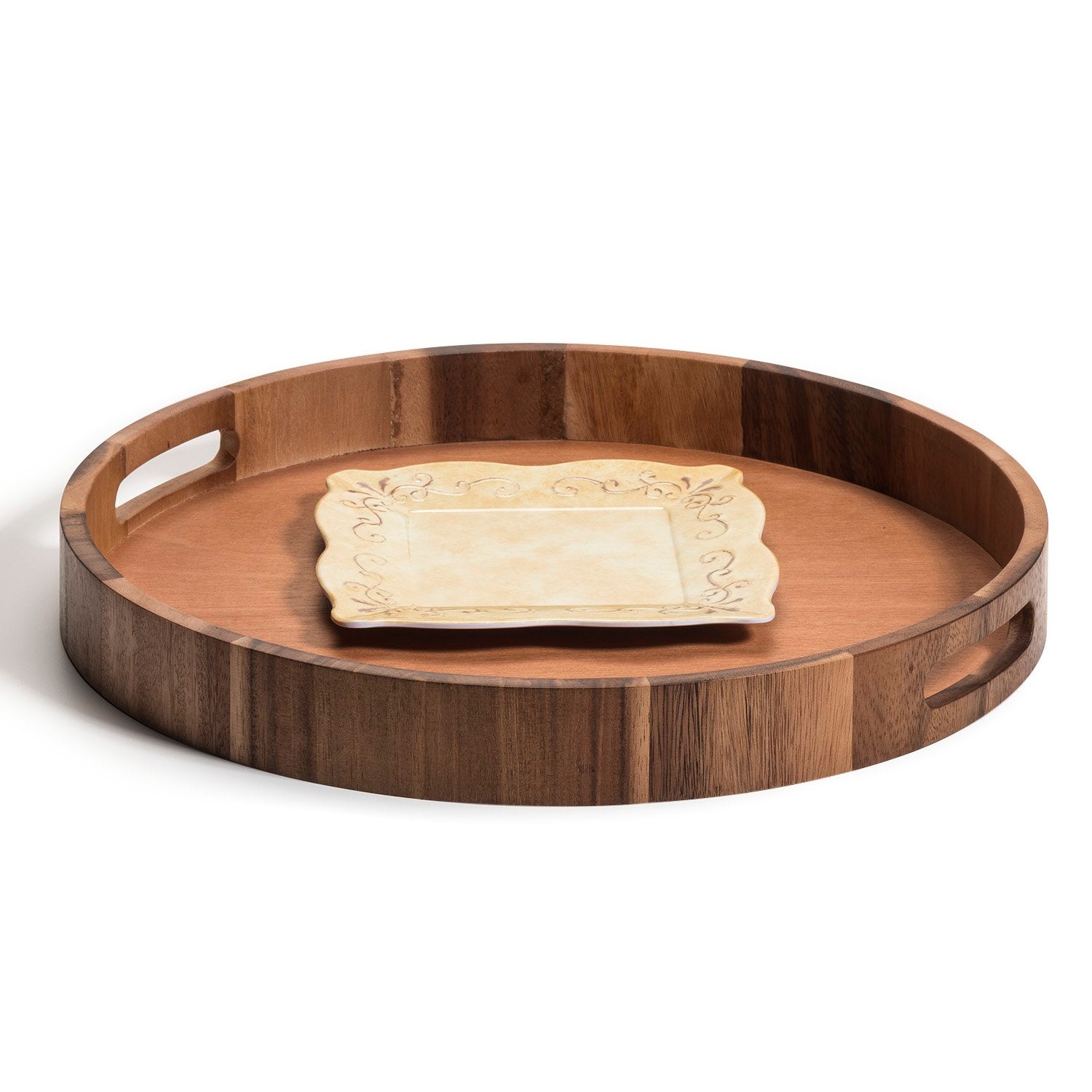 Acacia Wood Round Serving Tray 15 Inch Charcuterie Board With Handles