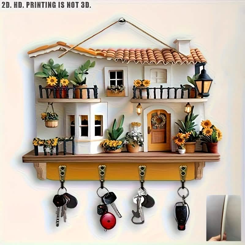 Wall-mounted decorative shelf with house model and key holder