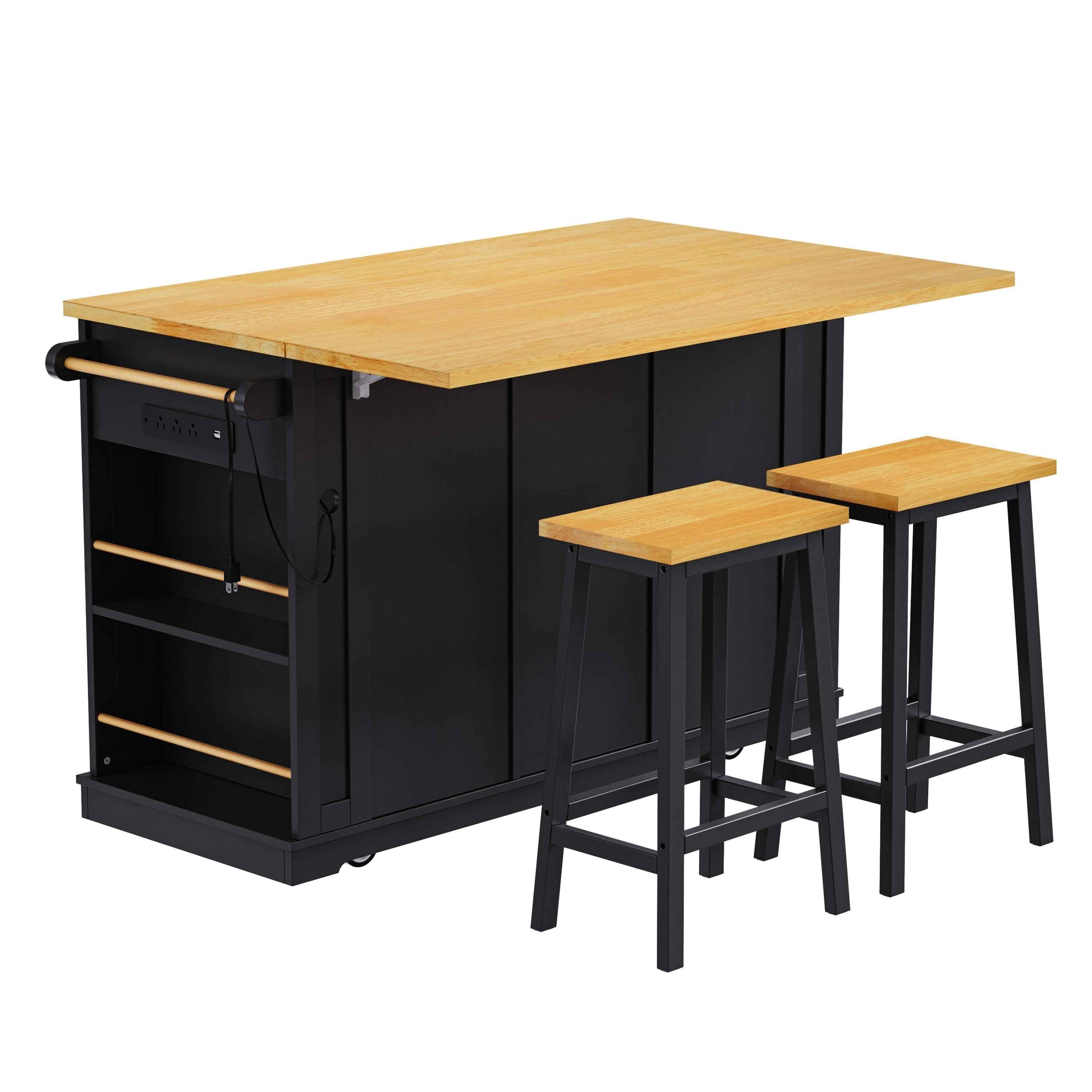 K & K 53 Inch Large Kitchen Island with Bar Stools and Power Outlet - Alphamona
