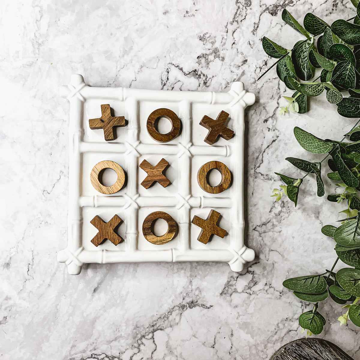 Ceramic Tic Tac Toe Game - Faux Bamboo Board with Acacia Wood Pieces - Alphamona