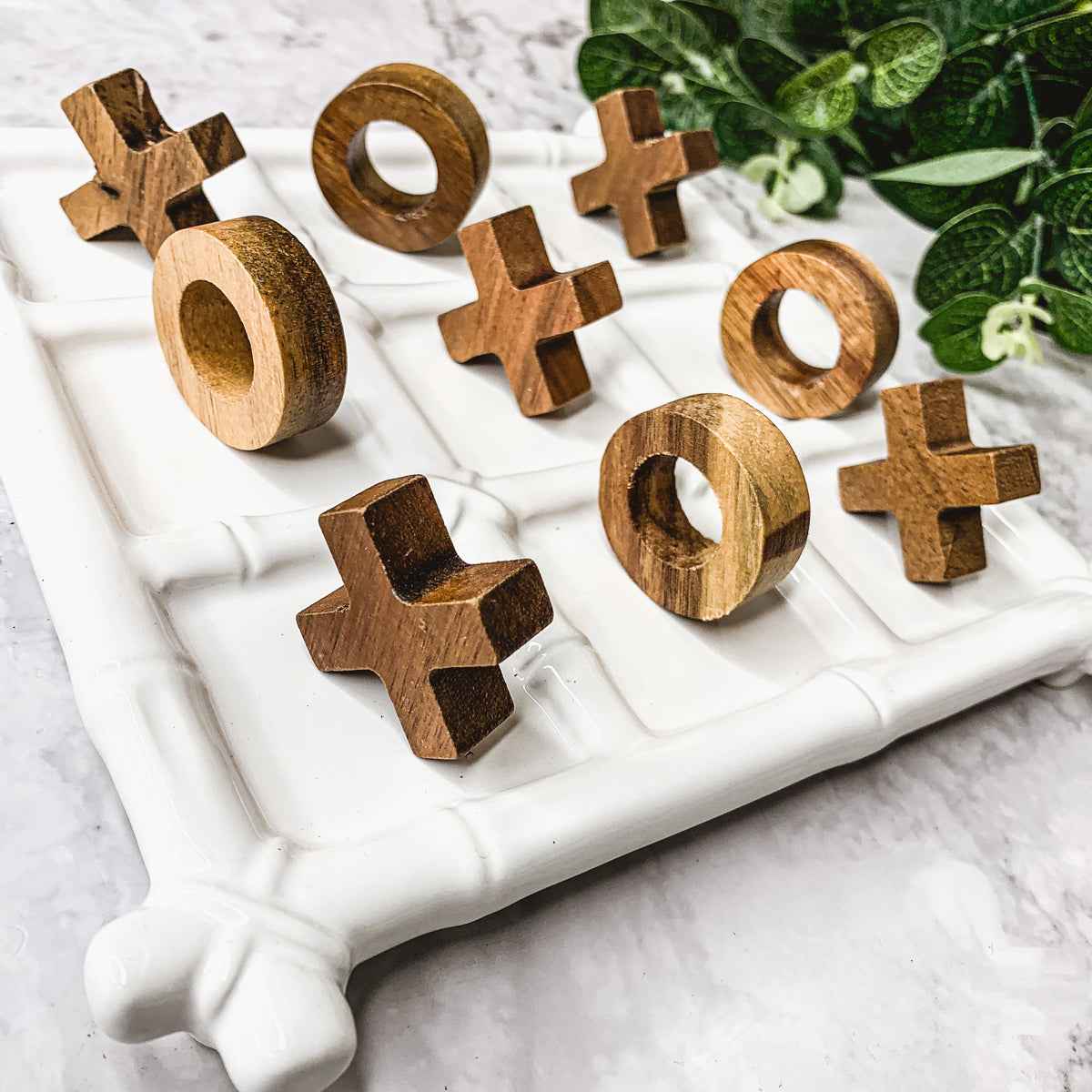 Ceramic Tic Tac Toe Game - Faux Bamboo Board with Acacia Wood Pieces - Alphamona