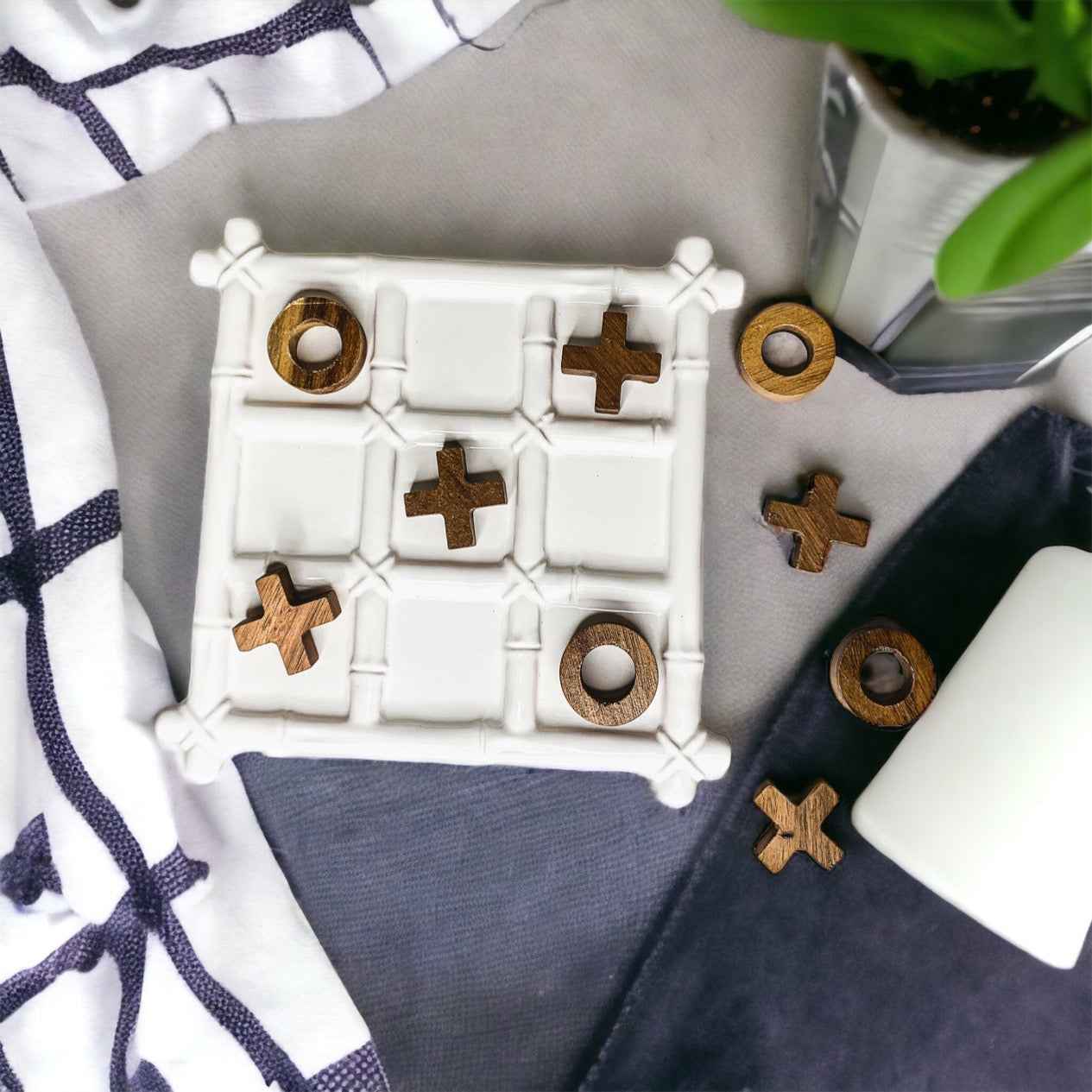 Ceramic Tic Tac Toe Game - Faux Bamboo Board with Acacia Wood Pieces - Alphamona