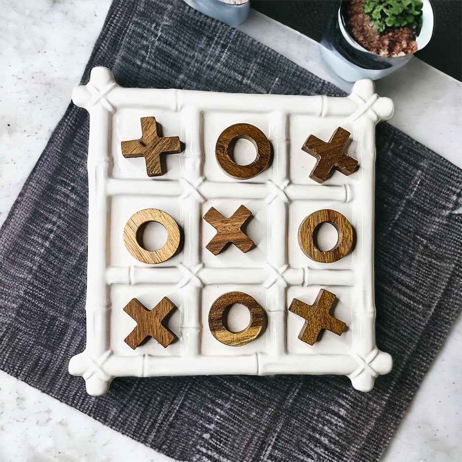 Ceramic Tic Tac Toe Game - Faux Bamboo Board with Acacia Wood Pieces - Alphamona