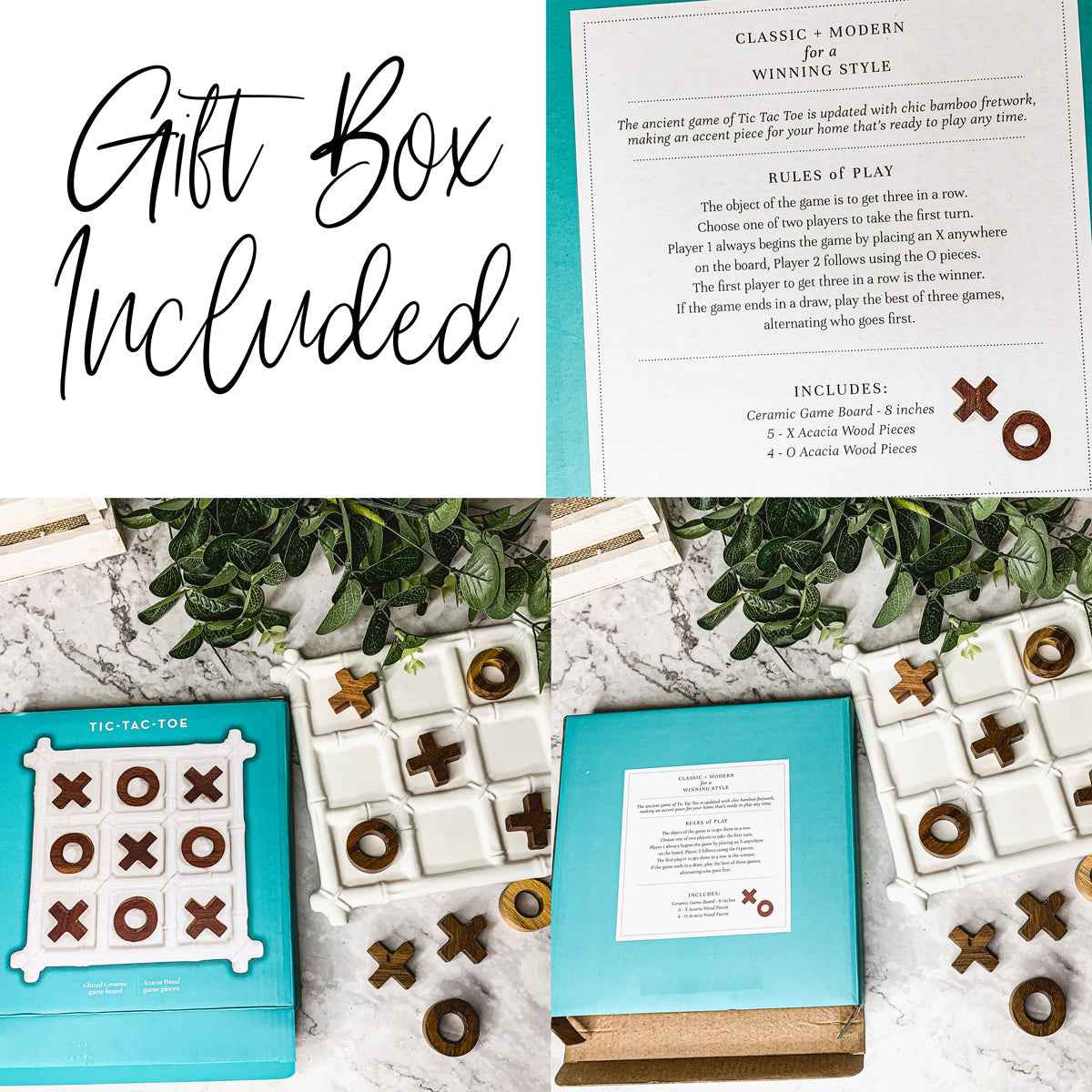 Ceramic Tic Tac Toe Game - Faux Bamboo Board with Acacia Wood Pieces - Alphamona