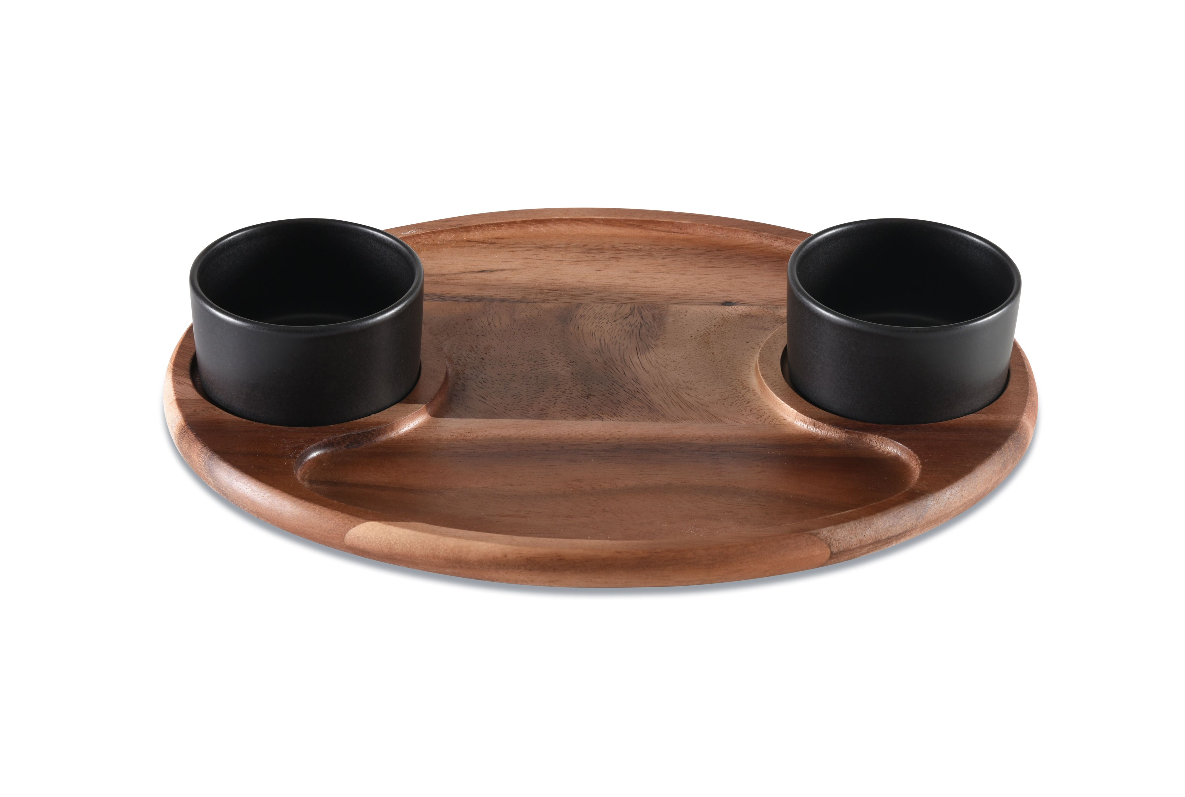 Charcuterie Serving Board 12x15 With 2 Black Ceramic Bowls And Acacia Wood Lids