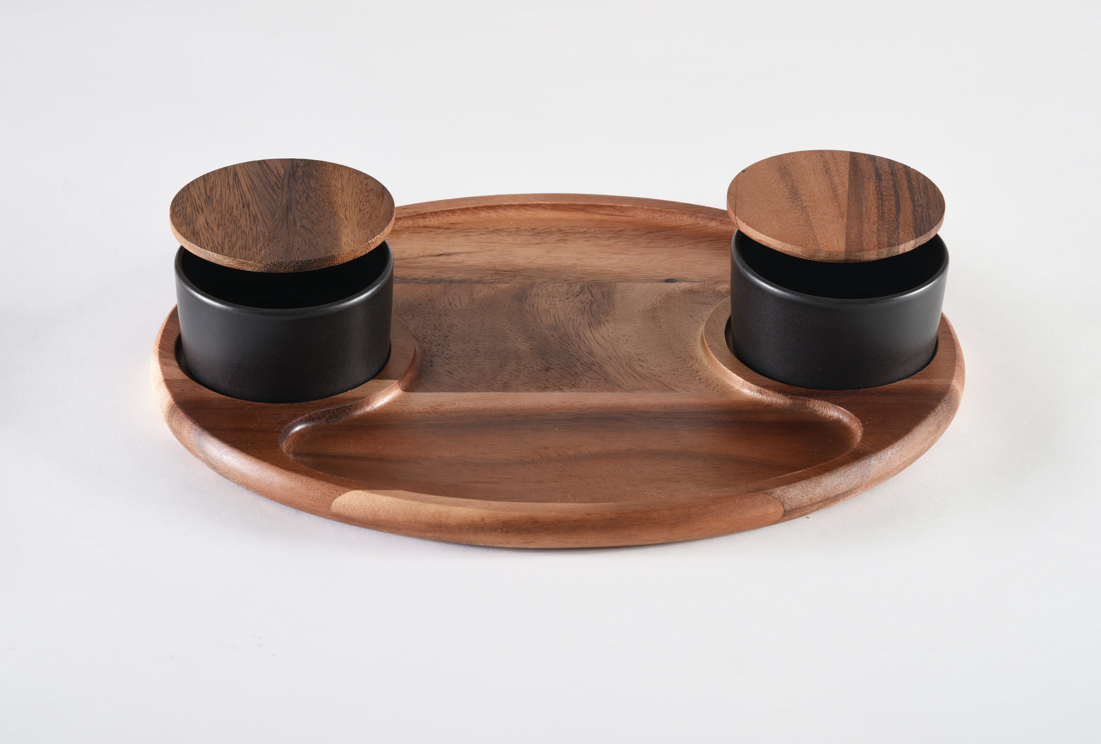 Charcuterie Serving Board 12x15 With 2 Black Ceramic Bowls And Acacia Wood Lids