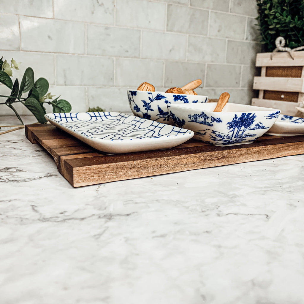 Chinoiserie Tapas Serving Set 7-Piece Porcelain Matte Blue White Acacia Tray