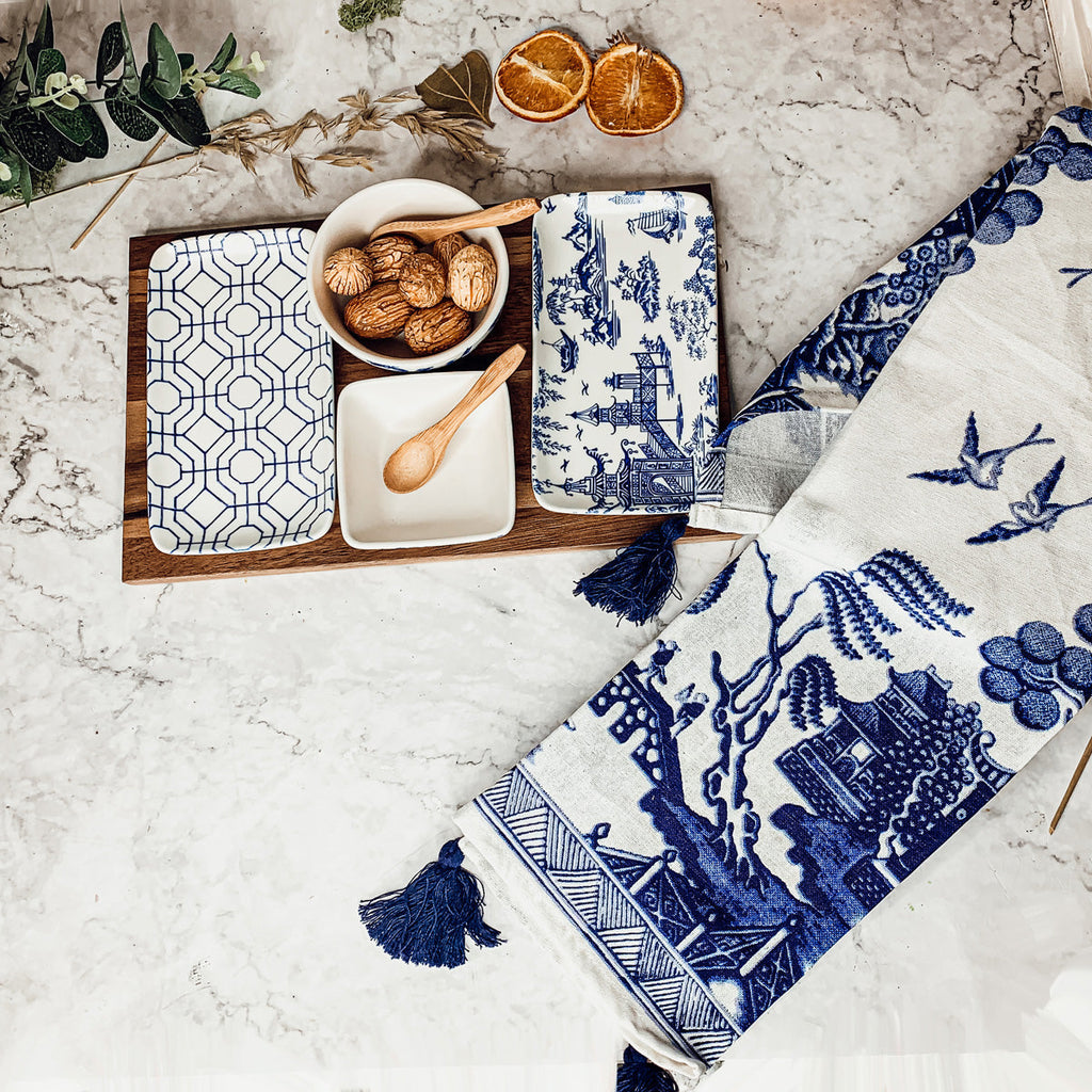 Chinoiserie Tapas Serving Set 7-Piece Porcelain Matte Blue White Acacia Tray