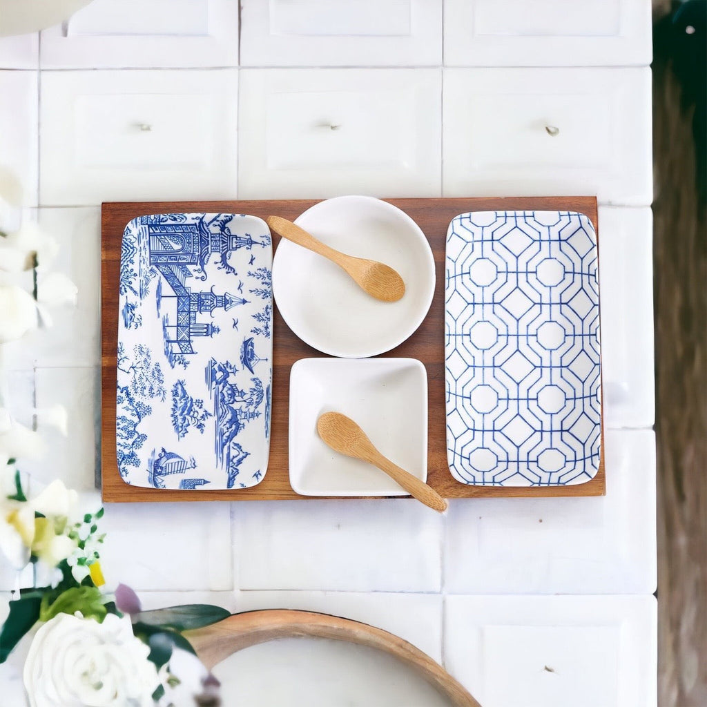 Chinoiserie Tapas Serving Set 7-Piece Porcelain Matte Blue White Acacia Tray