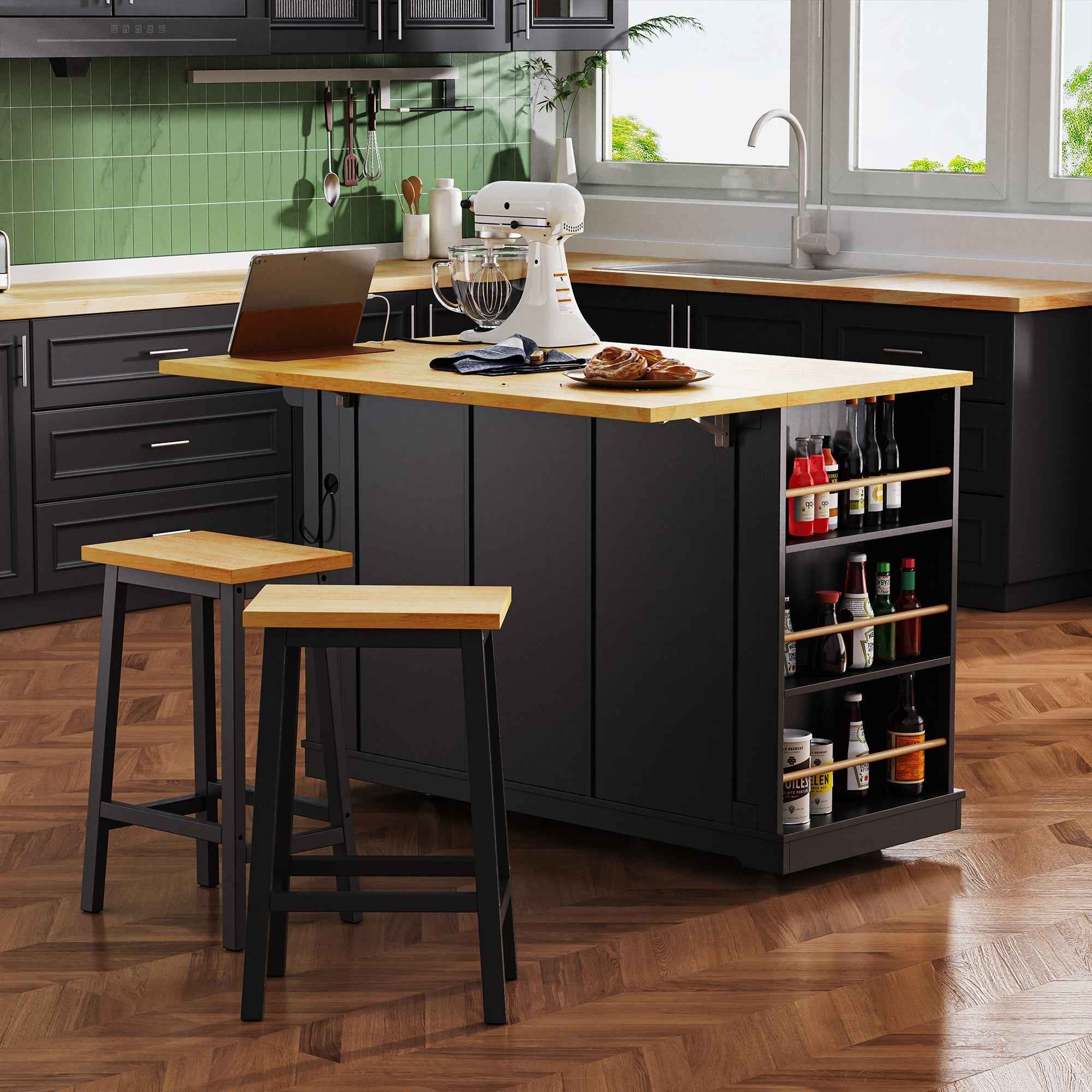 K & K 53 Inch Large Kitchen Island with Bar Stools and Power Outlet - Alphamona