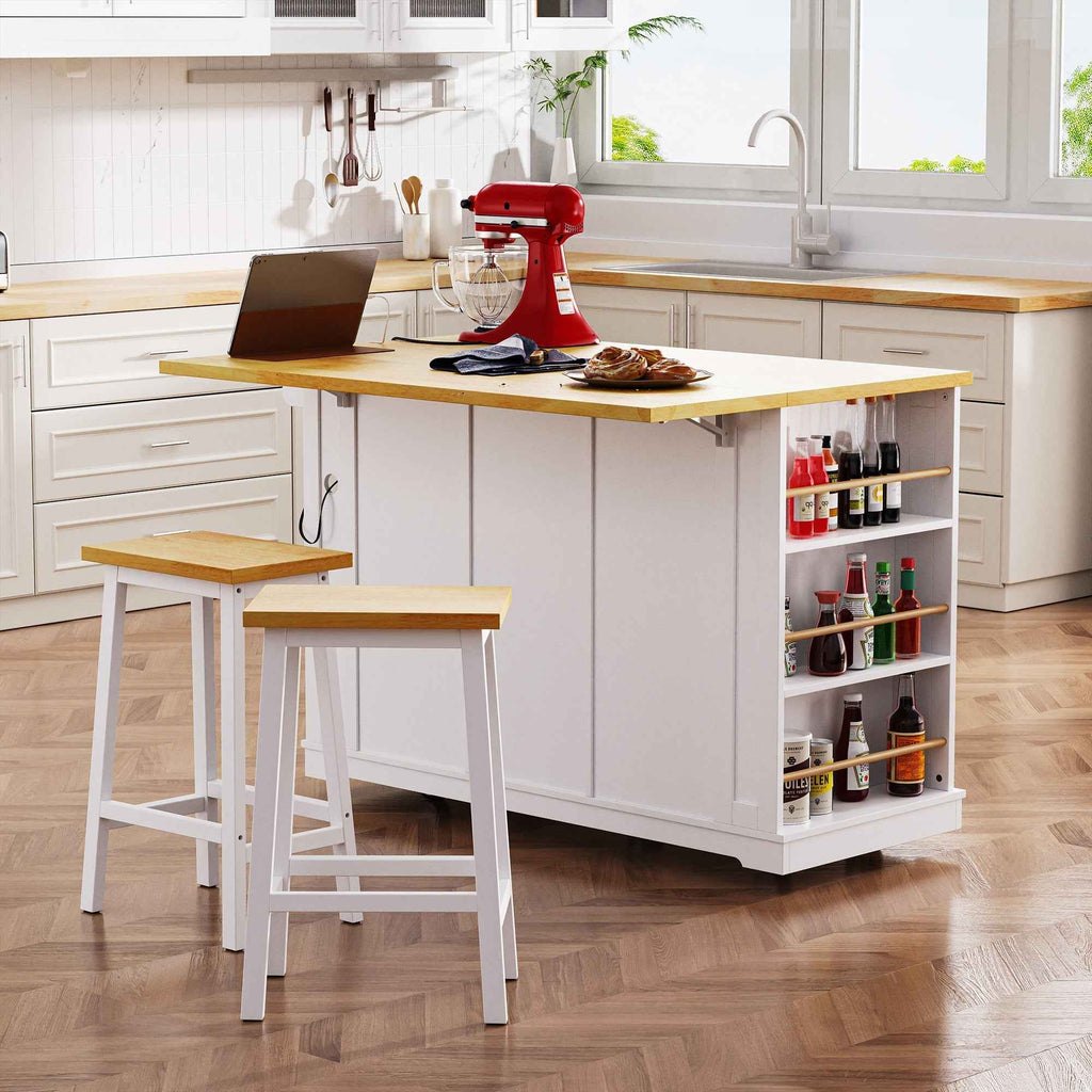 K&K 53 Inch Large Kitchen Island with Bar Stools and Power Outlet - Alphamona