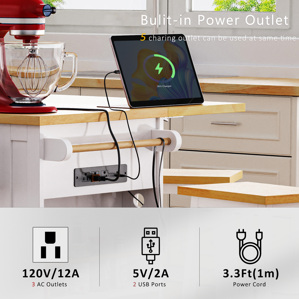 K&K 53 Inch Large Kitchen Island with Bar Stools and Power Outlet - Alphamona