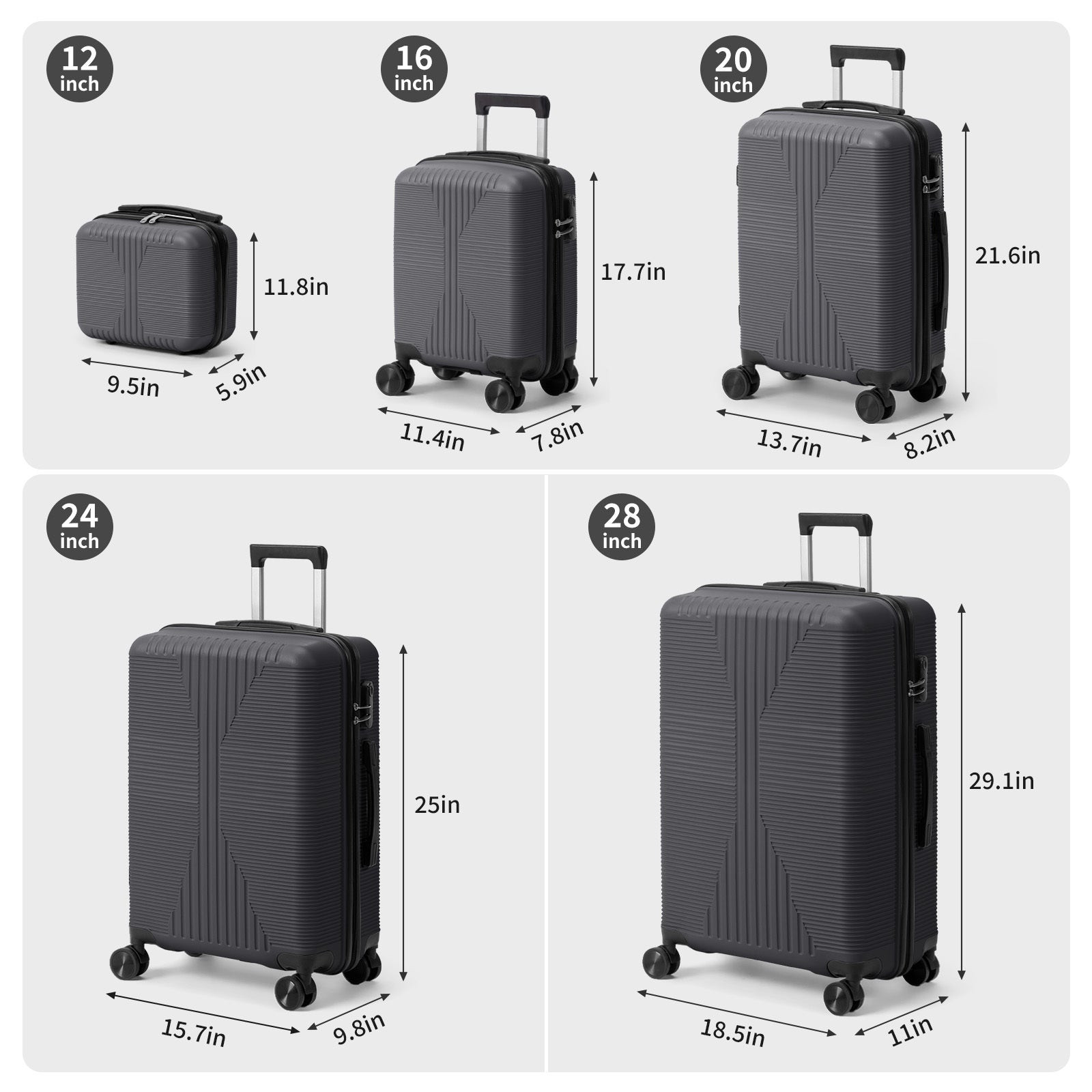 5-Piece Lightweight Luggage Set with Lock – 12/16/20/24/28 Inch