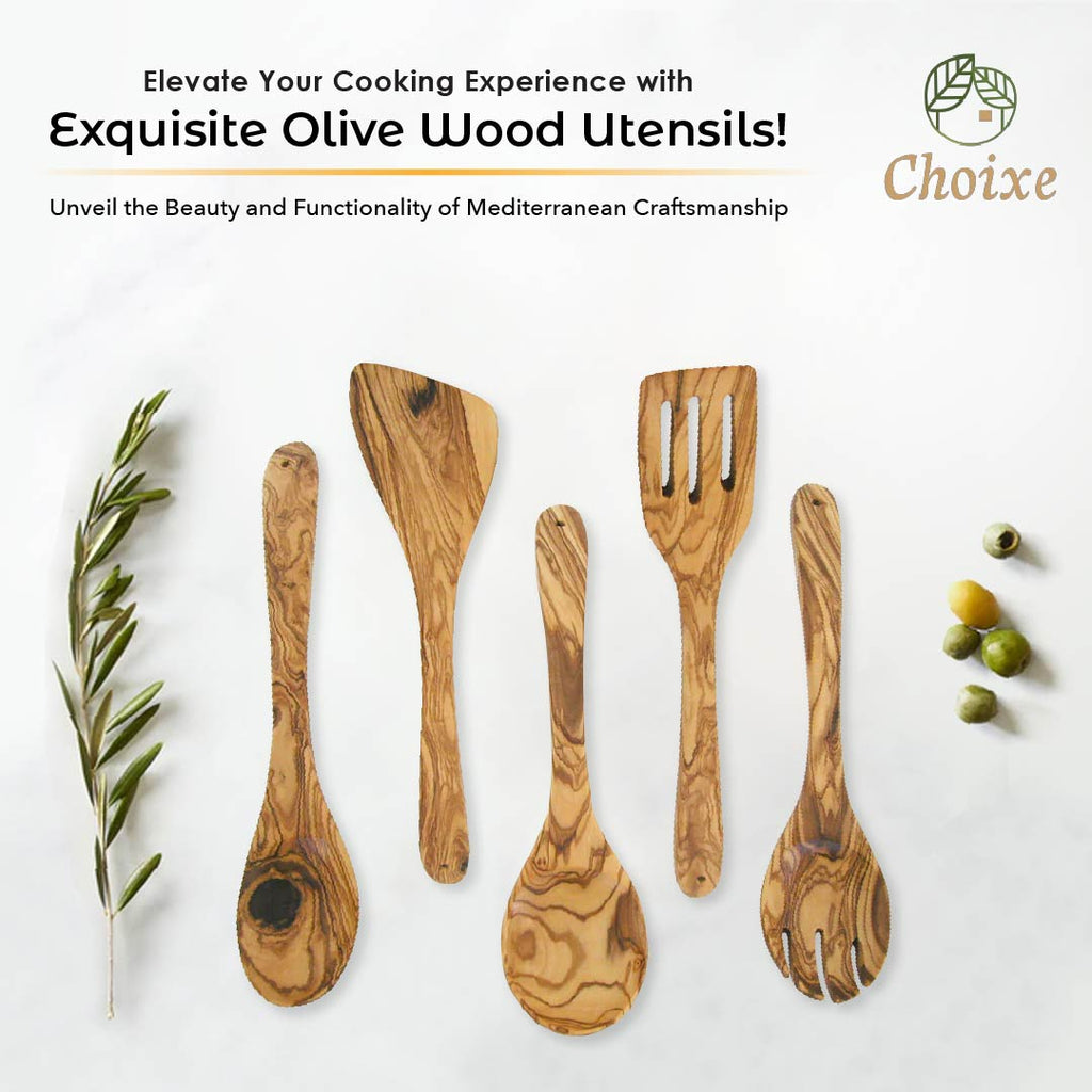 Olive Wood Utensil Set 5-Piece Hand-Carved Kitchen Servers, Durable