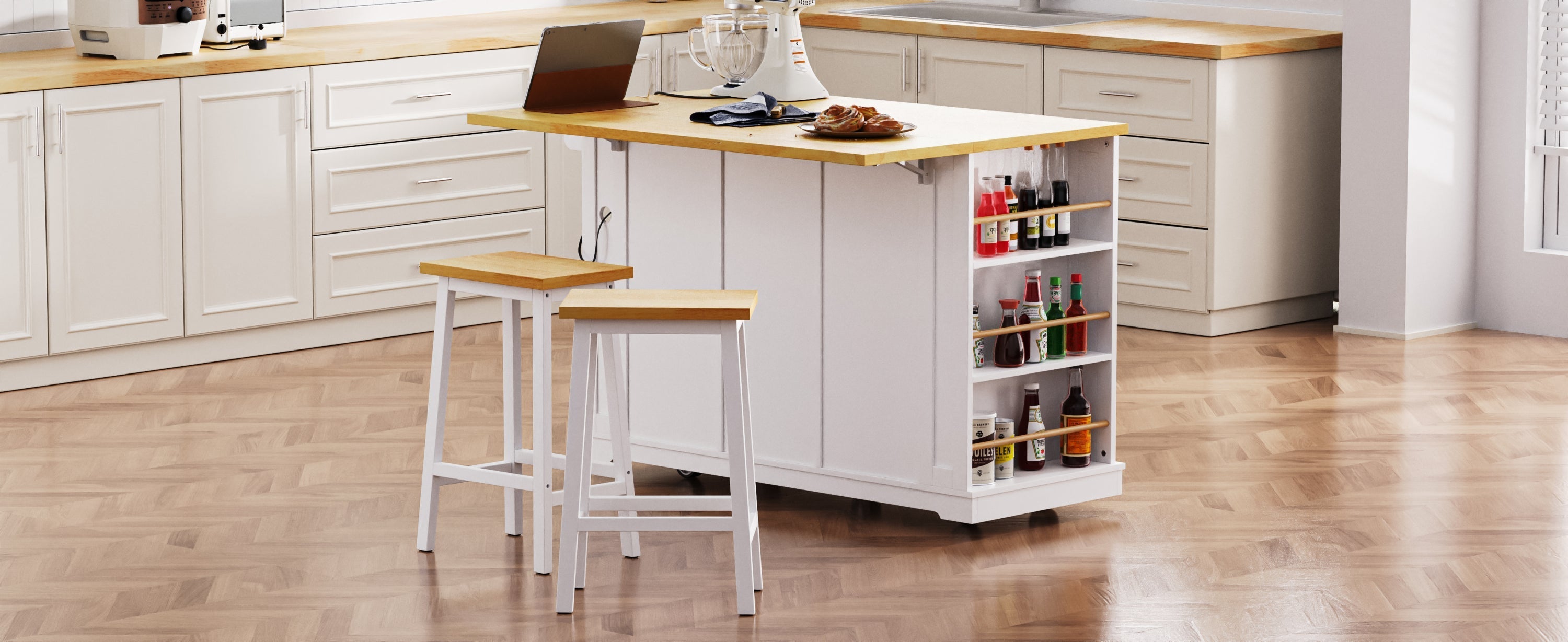 K&K 53 Inch Large Kitchen Island with Bar Stools and Power Outlet - Alphamona