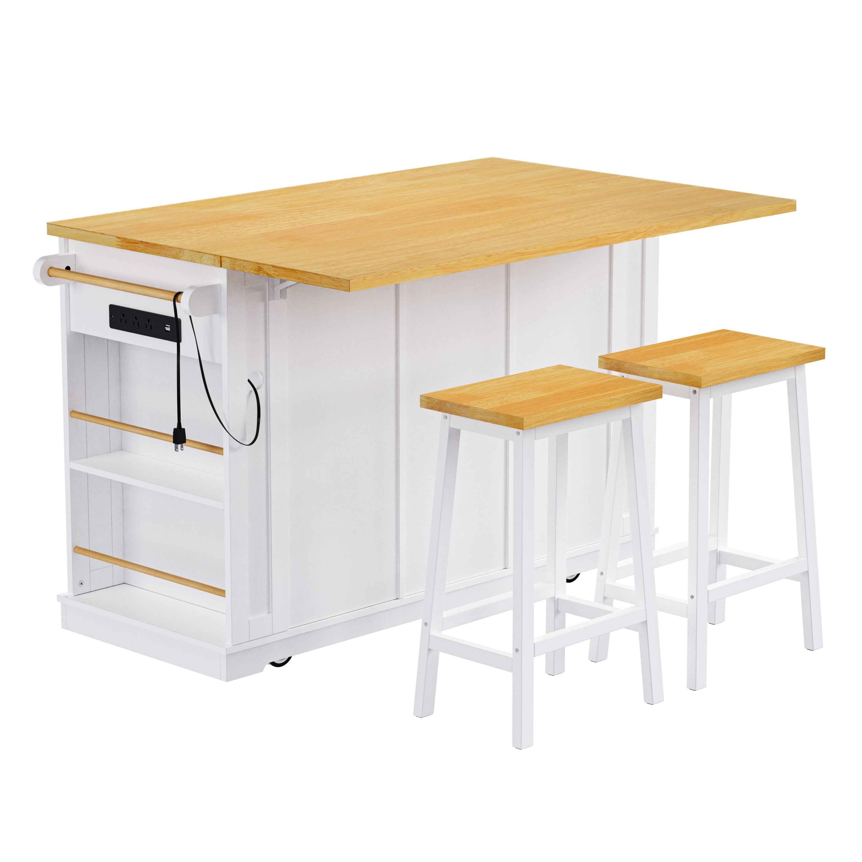 K&K 53 Inch Large Kitchen Island with Bar Stools and Power Outlet - Alphamona