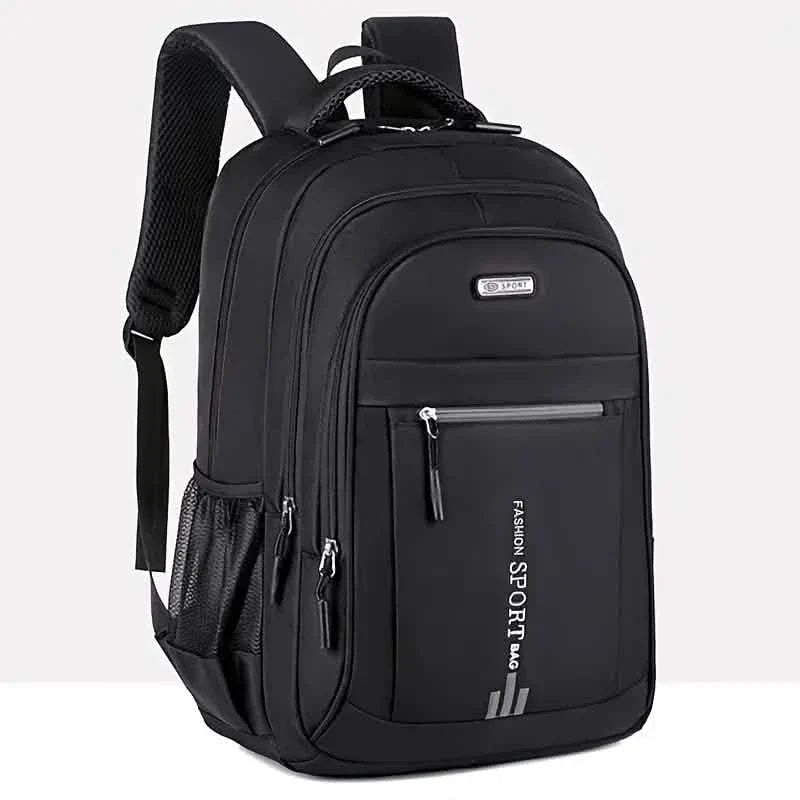 Black backpack with multiple pockets and zippers on a white background