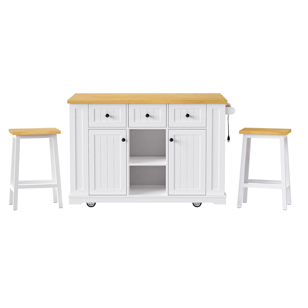 K&K 53 Inch Large Kitchen Island with Bar Stools and Power Outlet - Alphamona