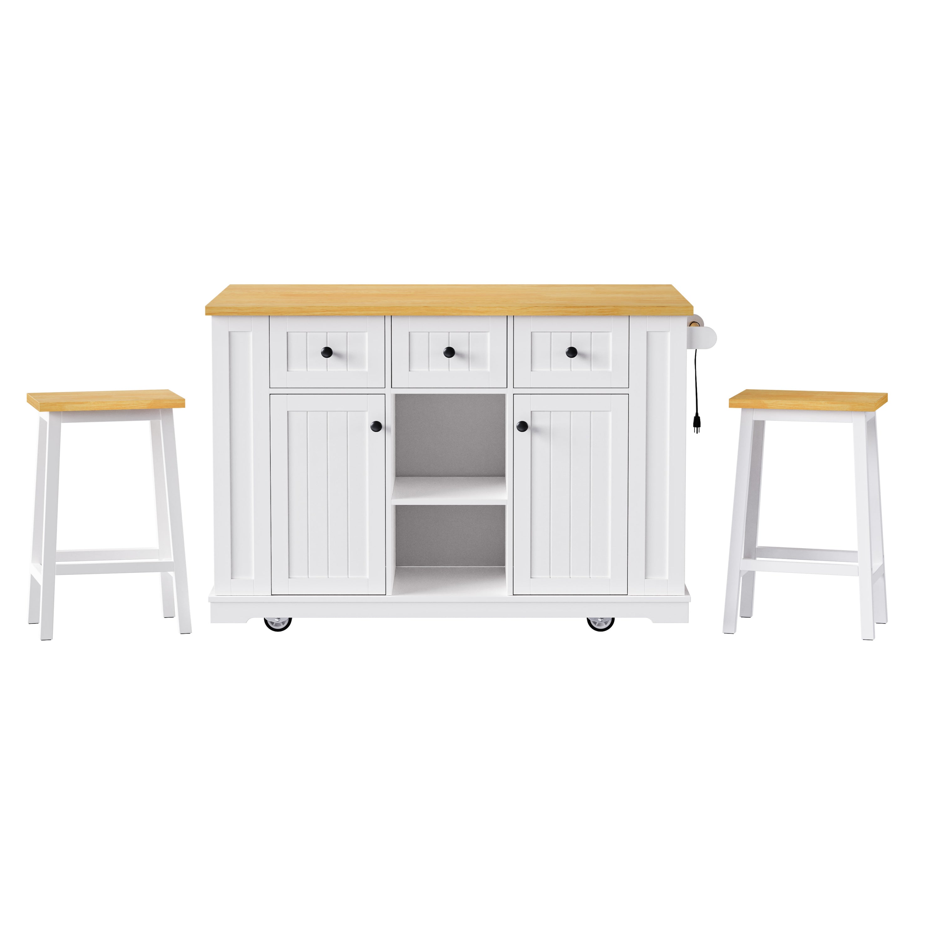 K&K 53 Inch Large Kitchen Island with Bar Stools and Power Outlet - Alphamona