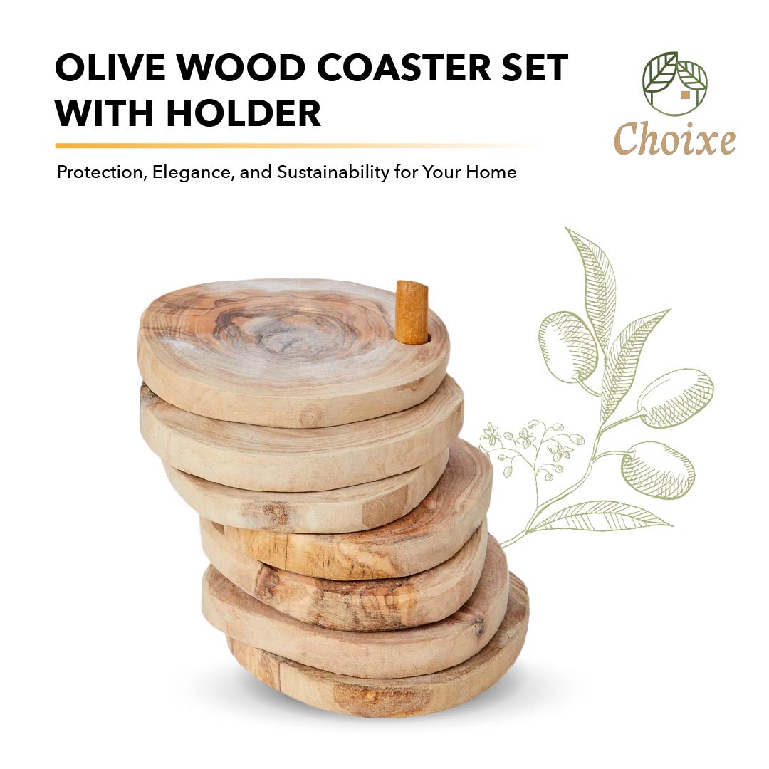 Olive Wood Coaster Set 7Pc With Holder - Natural Round Handcarved Coasters