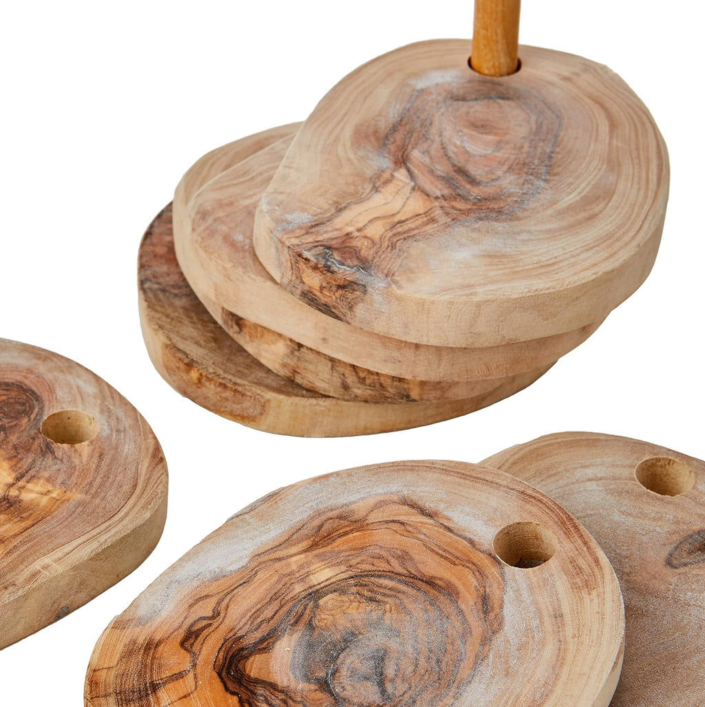 Olive Wood Coaster Set 7Pc With Holder - Natural Round Handcarved Coasters