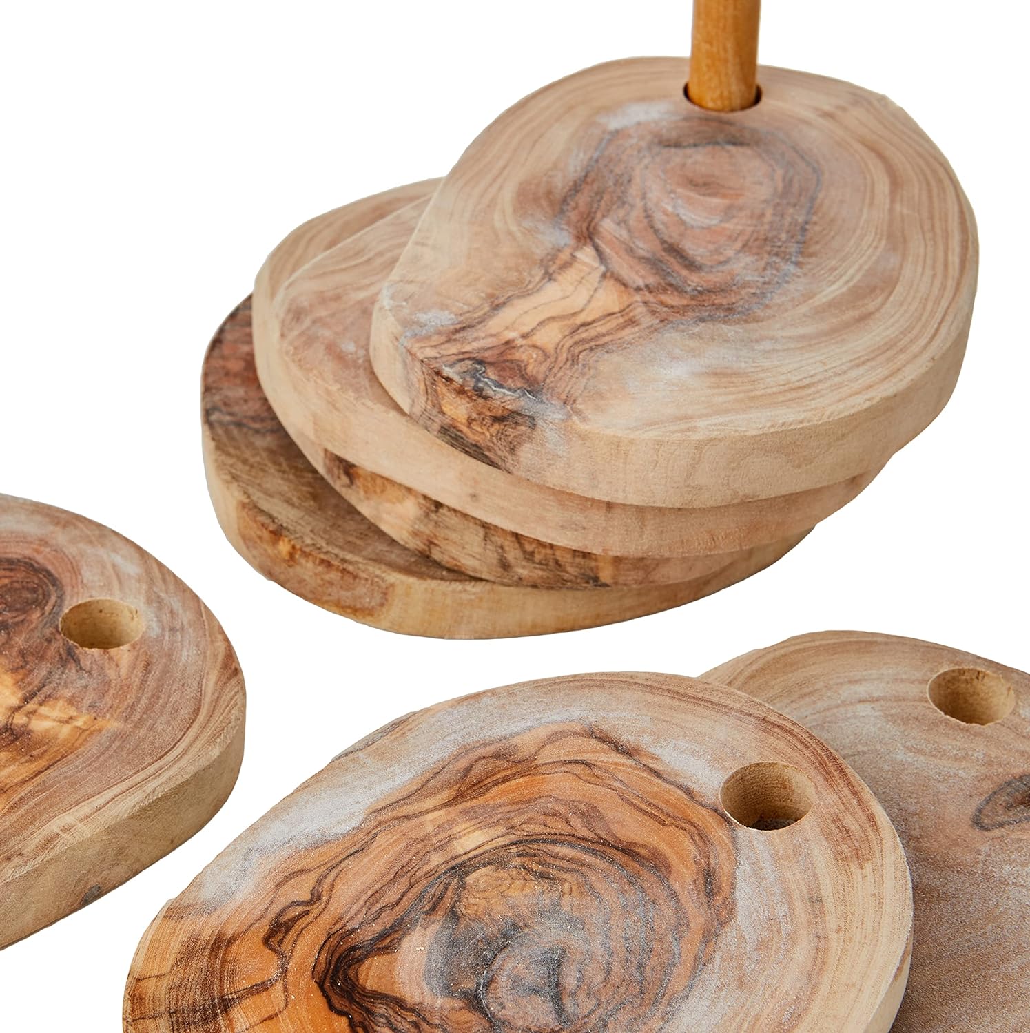 Olive Wood Coaster Set 7Pc With Holder - Natural Round Handcarved Coasters